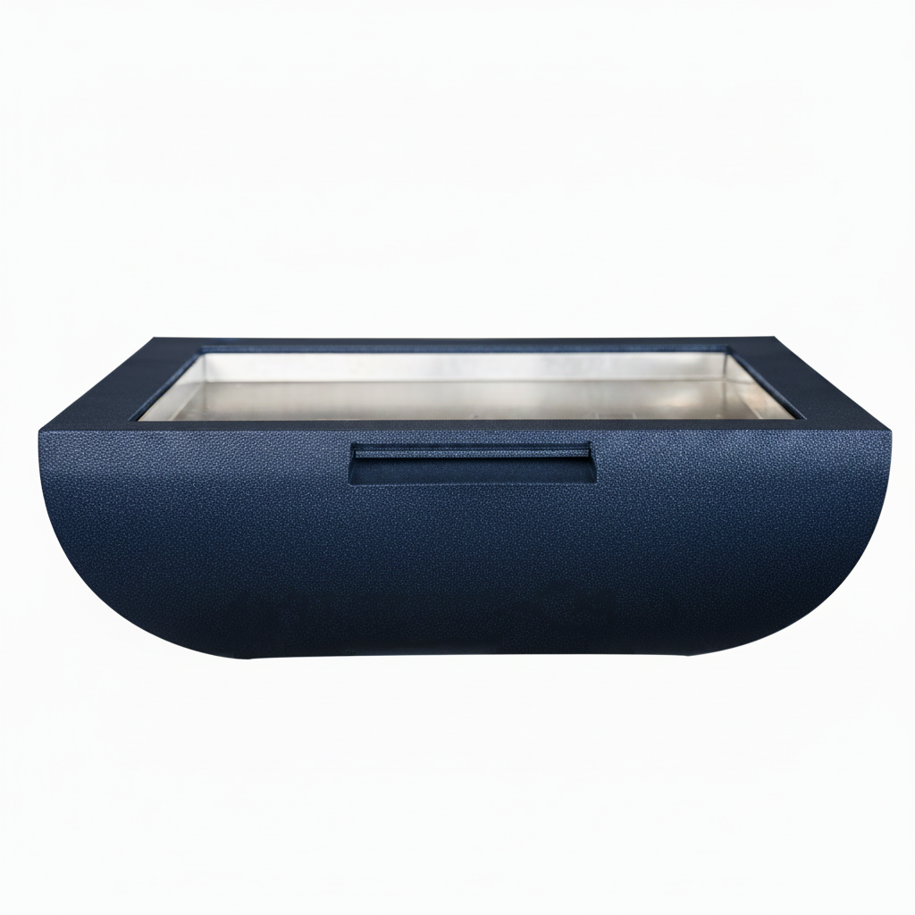 A modern rectangular outdoor fire pit with a dark navy blue textured exterior, a recessed front handle, and a brushed silver stainless steel interior, shown against a plain white background.