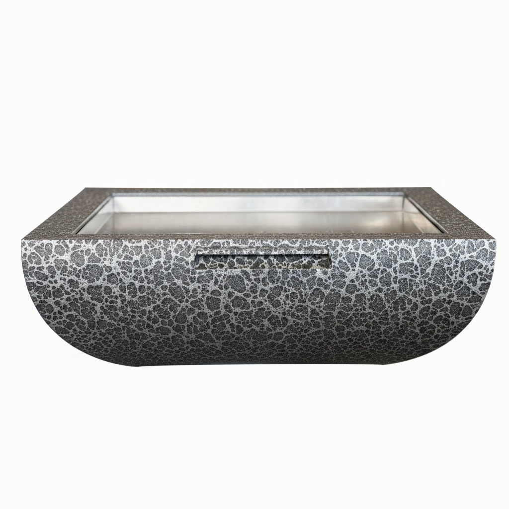 A modern rectangular outdoor fire pit with a textured, crackled metallic gray exterior and a brushed silver interior, shown against a plain white background.