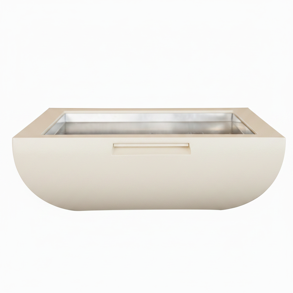 A modern rectangular outdoor fire pit with a cream-colored outer shell, a recessed handle, and a brushed stainless steel interior, shown against a plain white background.