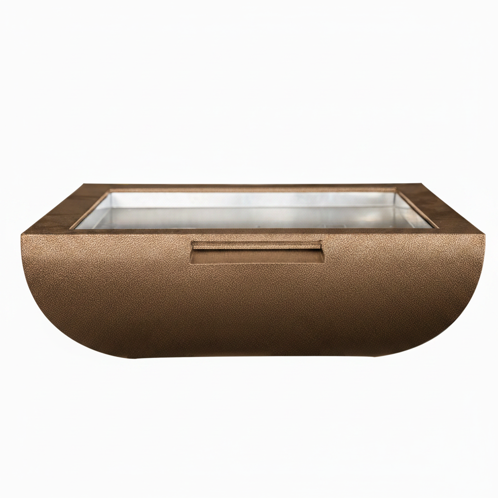 A rectangular outdoor fire pit with a textured bronze finish and a clear glass wind guard on top, shown against a plain white background.