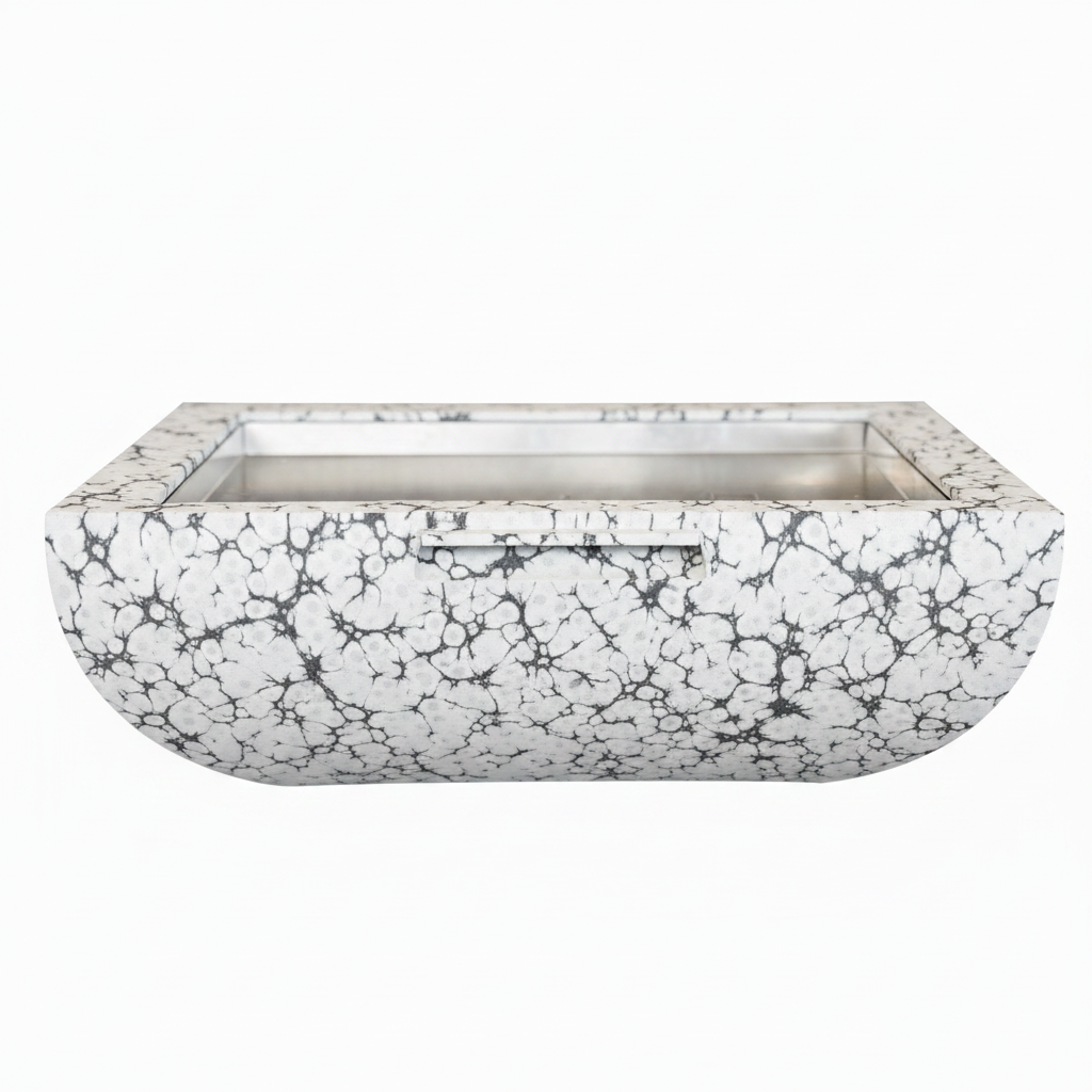 A rectangular outdoor planter with a white and black crackle stone exterior and a brushed silver metal interior, shown against a plain white background.