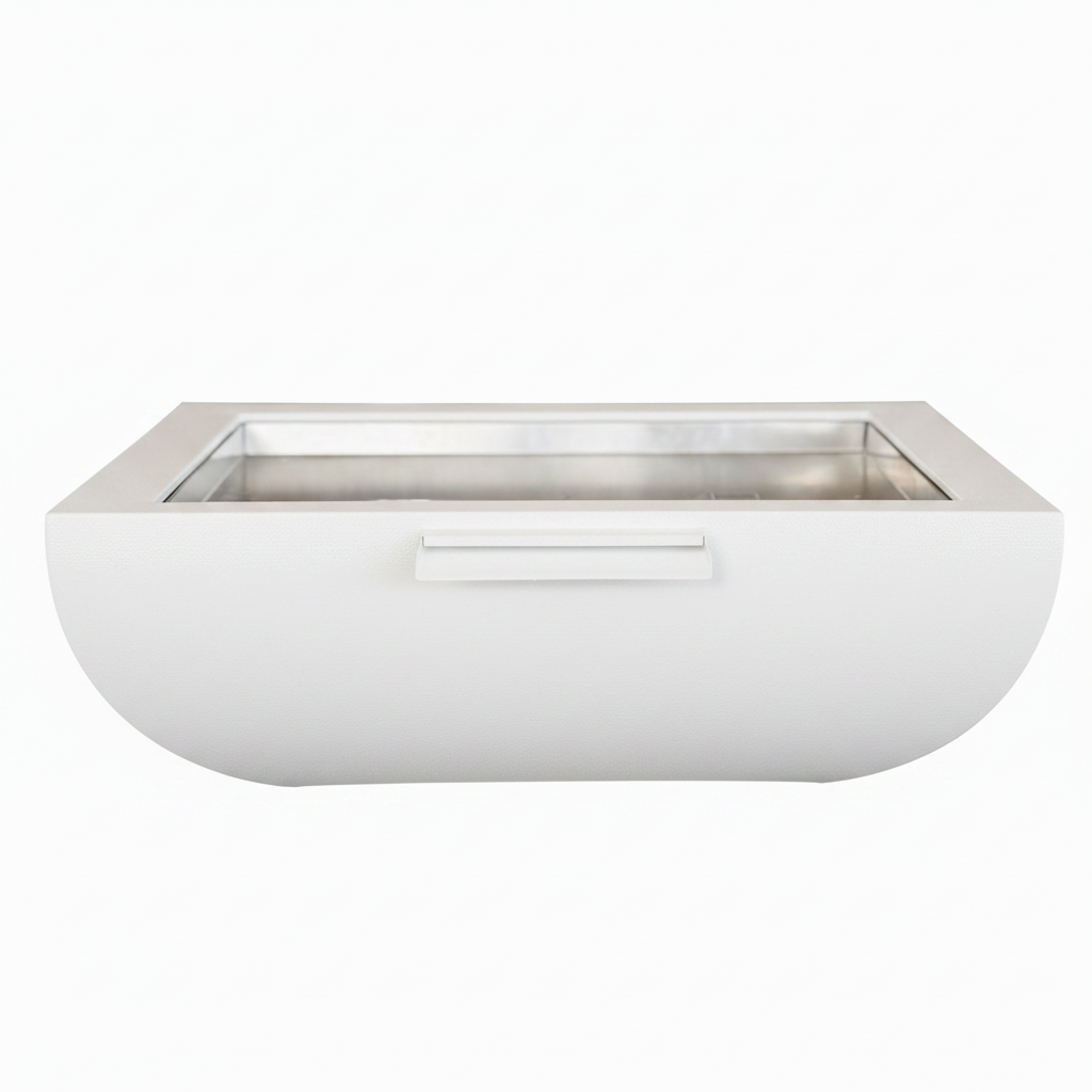 A modern white rectangular outdoor fire pit with a stainless steel interior and a recessed front handle, shown against a plain white background.