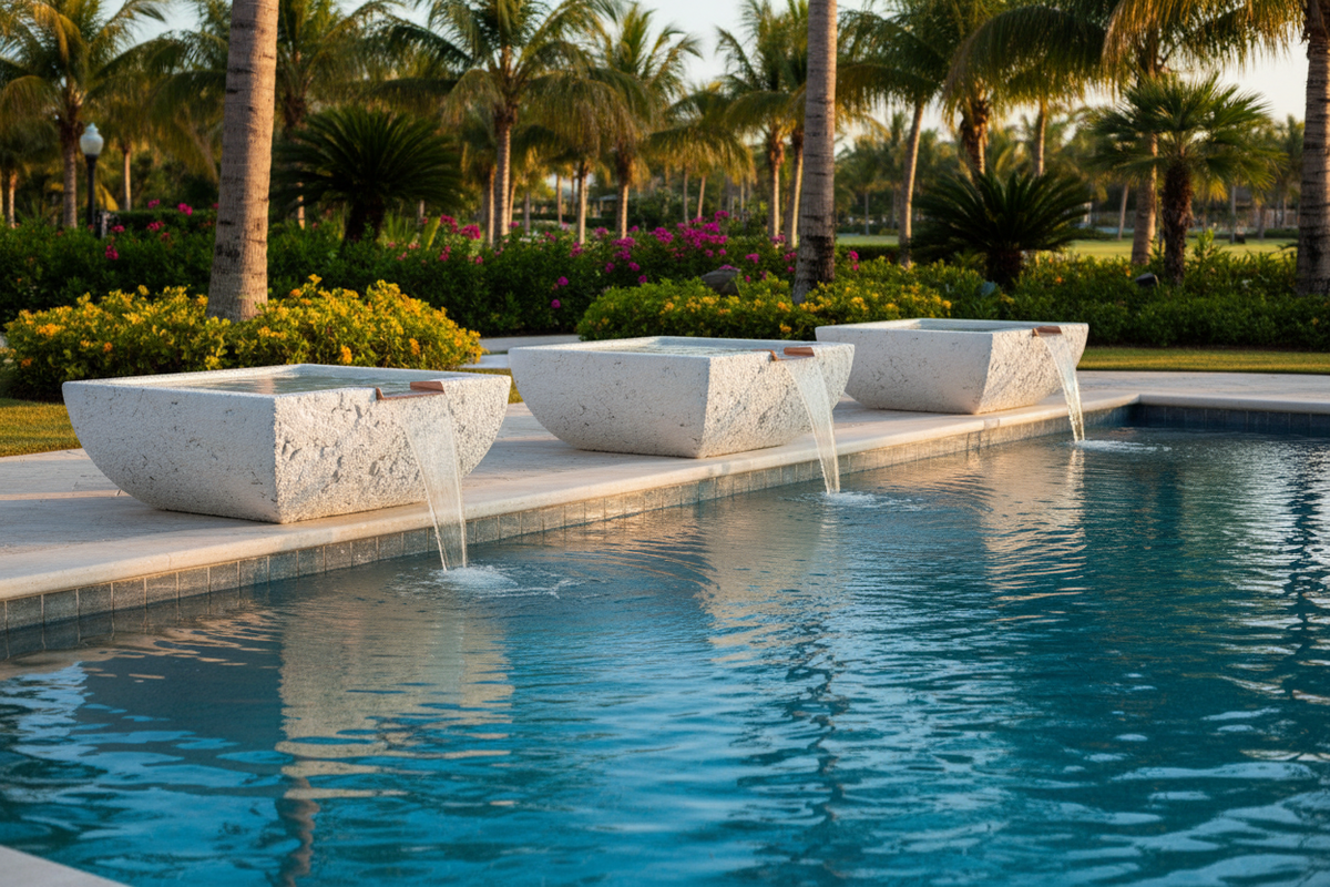 Three Outdoor Plus Avalon GFRC Concrete Water Bowls in Rustic White arranged in a row along the curved edge of a luxury resort swimming pool, each copper scupper cascading water into the pool, surrounded by tropical landscaping.