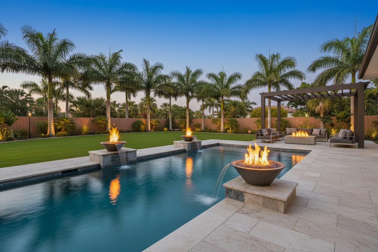 Modern outdoor poolside patio at dusk with a rectangular swimming pool, stone fire pits with flames, palm trees, a pergola, lounge seating, and a clear blue sky.