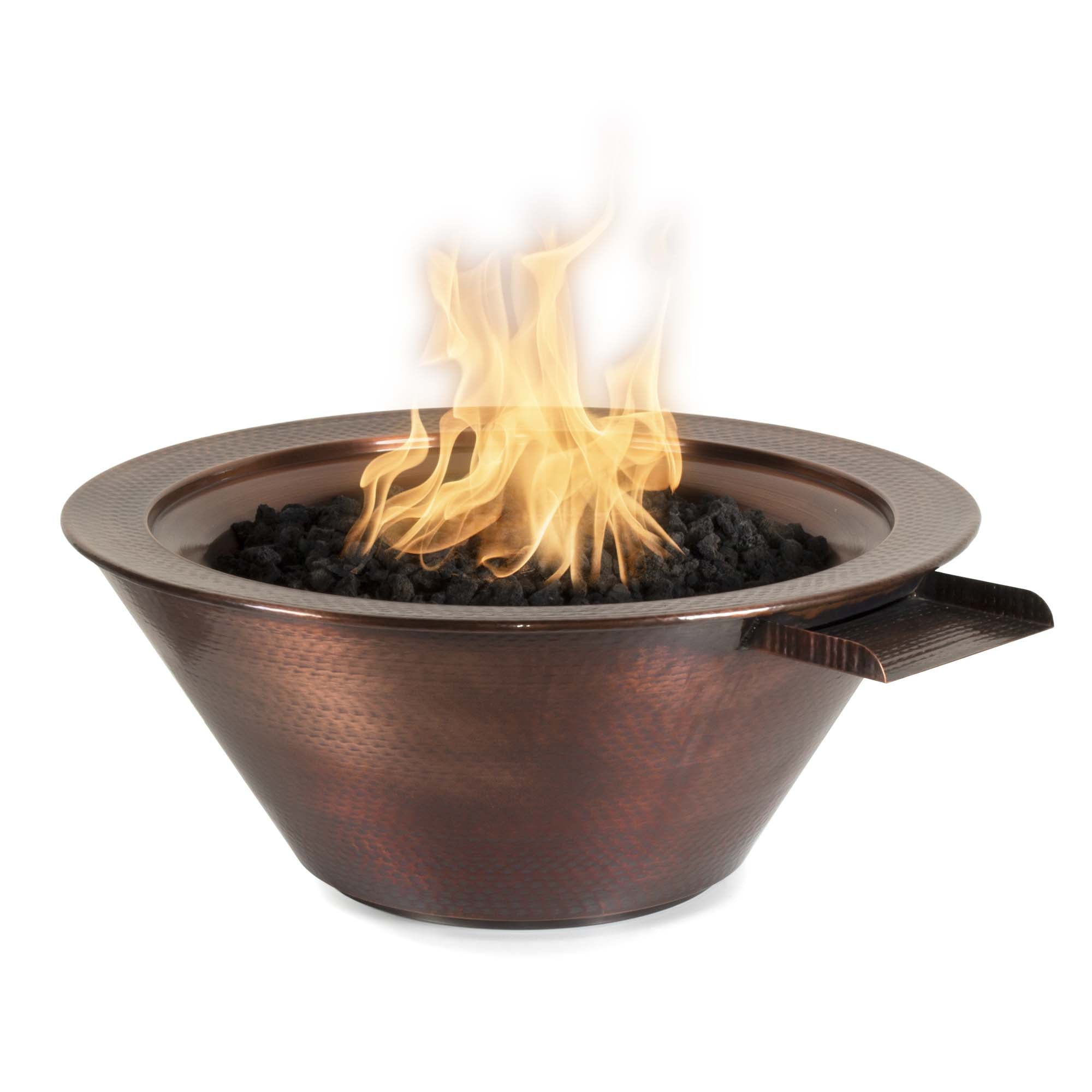 Bronze fire pit with flames on a white background