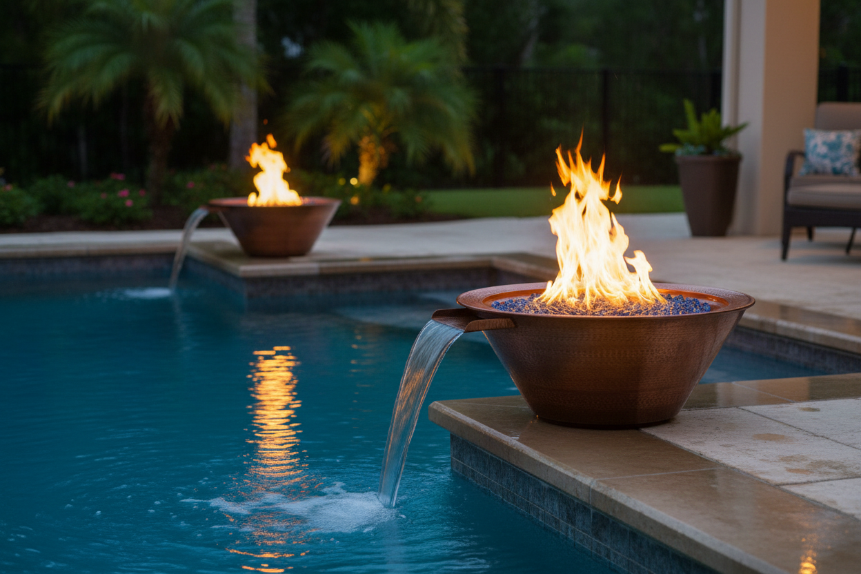 A copper pool fire pit bowl with a flowing water spout and bright orange flames, situated on the edge of a swimming pool in a backyard setting.