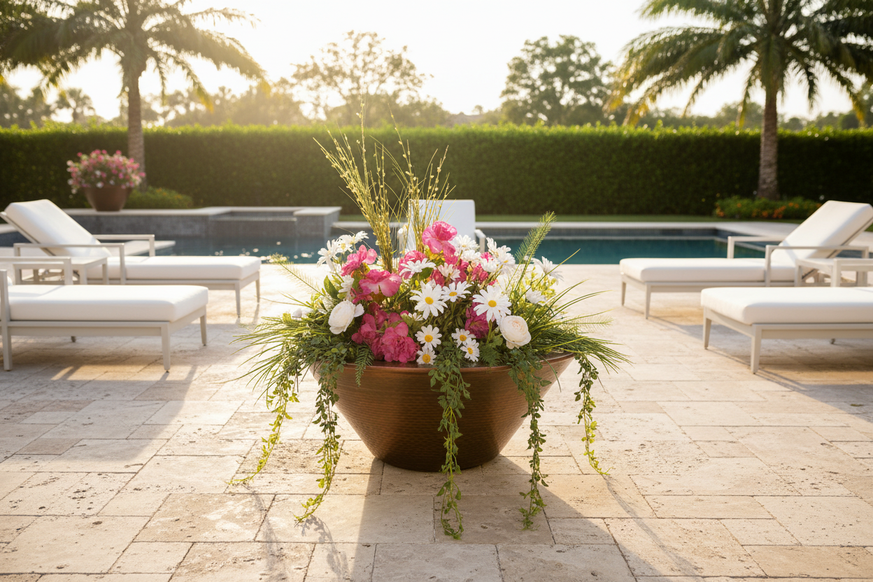 A large brown planter filled with a colorful flower arrangement of pink, white, and yellow flowers with green foliage, placed on a stone patio next to a swimming pool with lounge chairs.