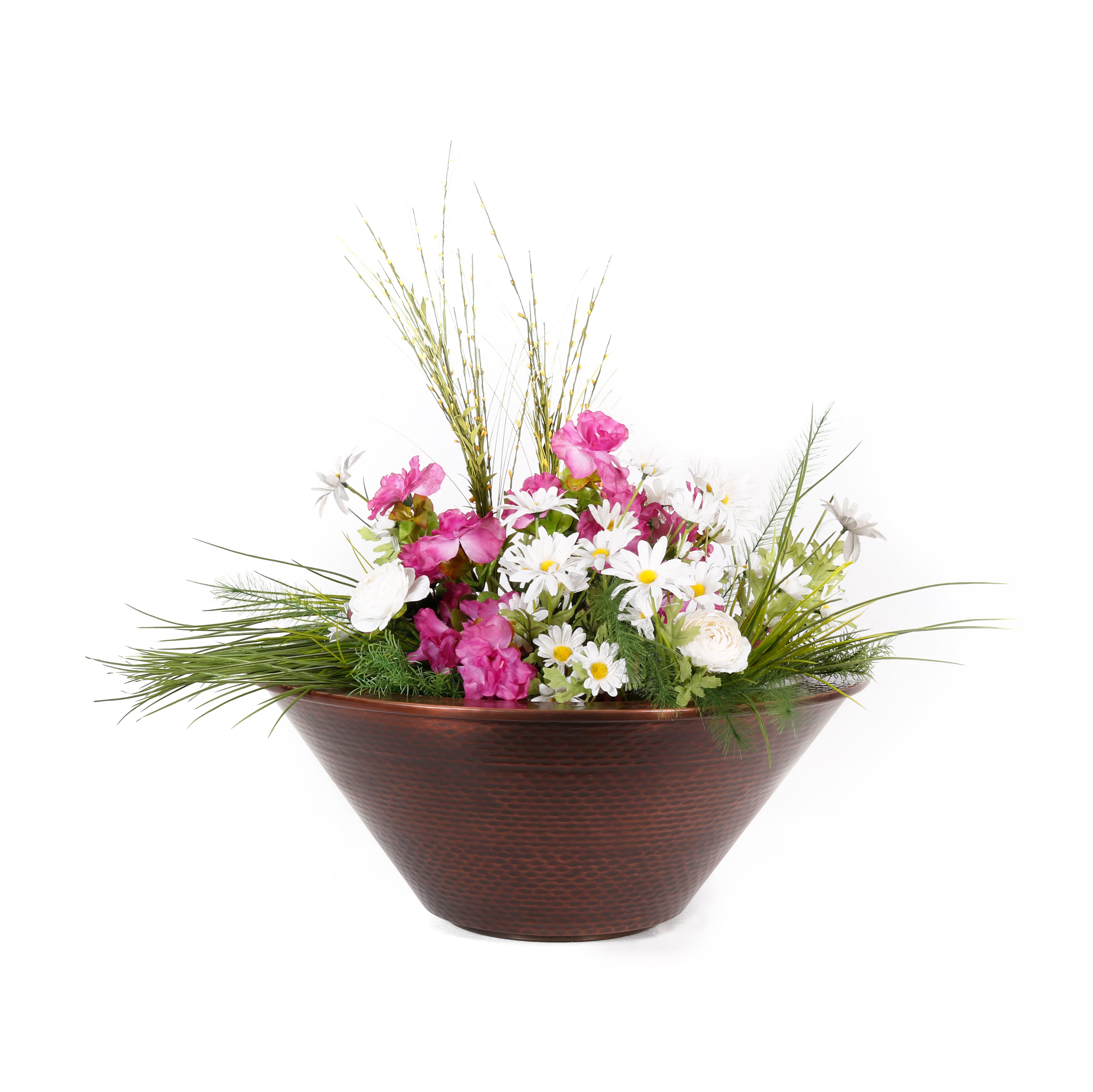 The Outdoor Plus Cazo Planter Bowl in Hammered Copper finish with pink roses, white daisies, and ornamental grasses on a white background.