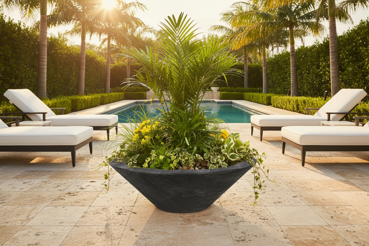 Ebony bowl on travertine patio with pool backdrop at golden hour