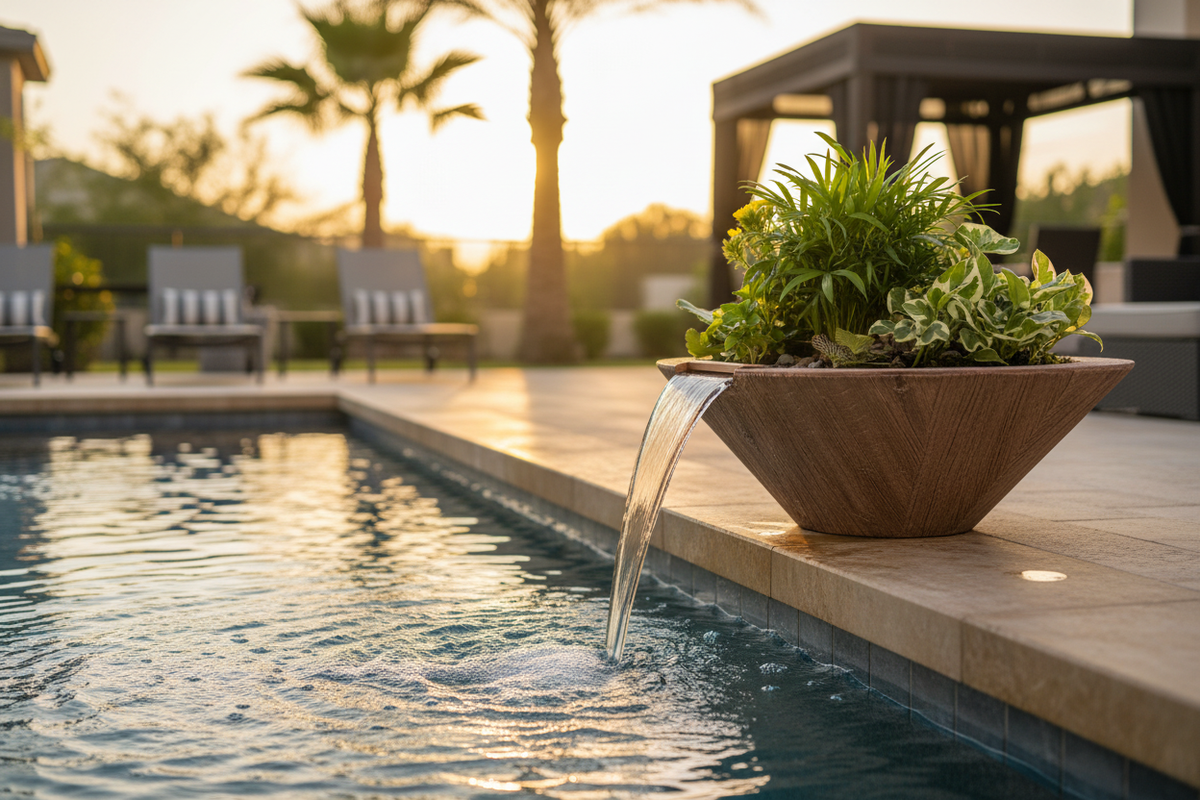 The Outdoor Plus Cazo Planter & Water Bowl in Wood Grain finish — 24" round tapered bowl with warm brown oak wood grain texture, copper scupper, and lush mixed tropical plantings including ornamental grasses, broad-leaf foliage, and yellow flowers