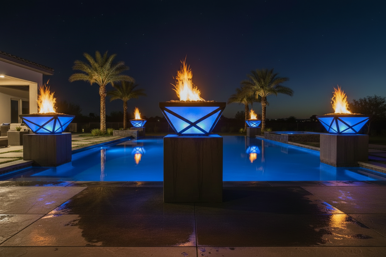 Modern outdoor fire pits with glowing blue geometric bowls and bright orange flames, arranged around a lit swimming pool at night with palm trees and a house in the background.