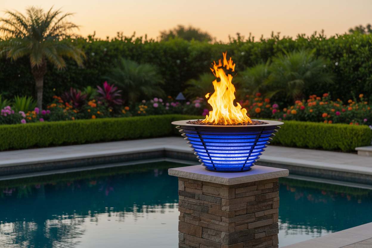 A modern outdoor fire pit with a glowing blue ribbed bowl and bright orange flames, mounted on a stone pillar next to a swimming pool in a landscaped garden at dusk.