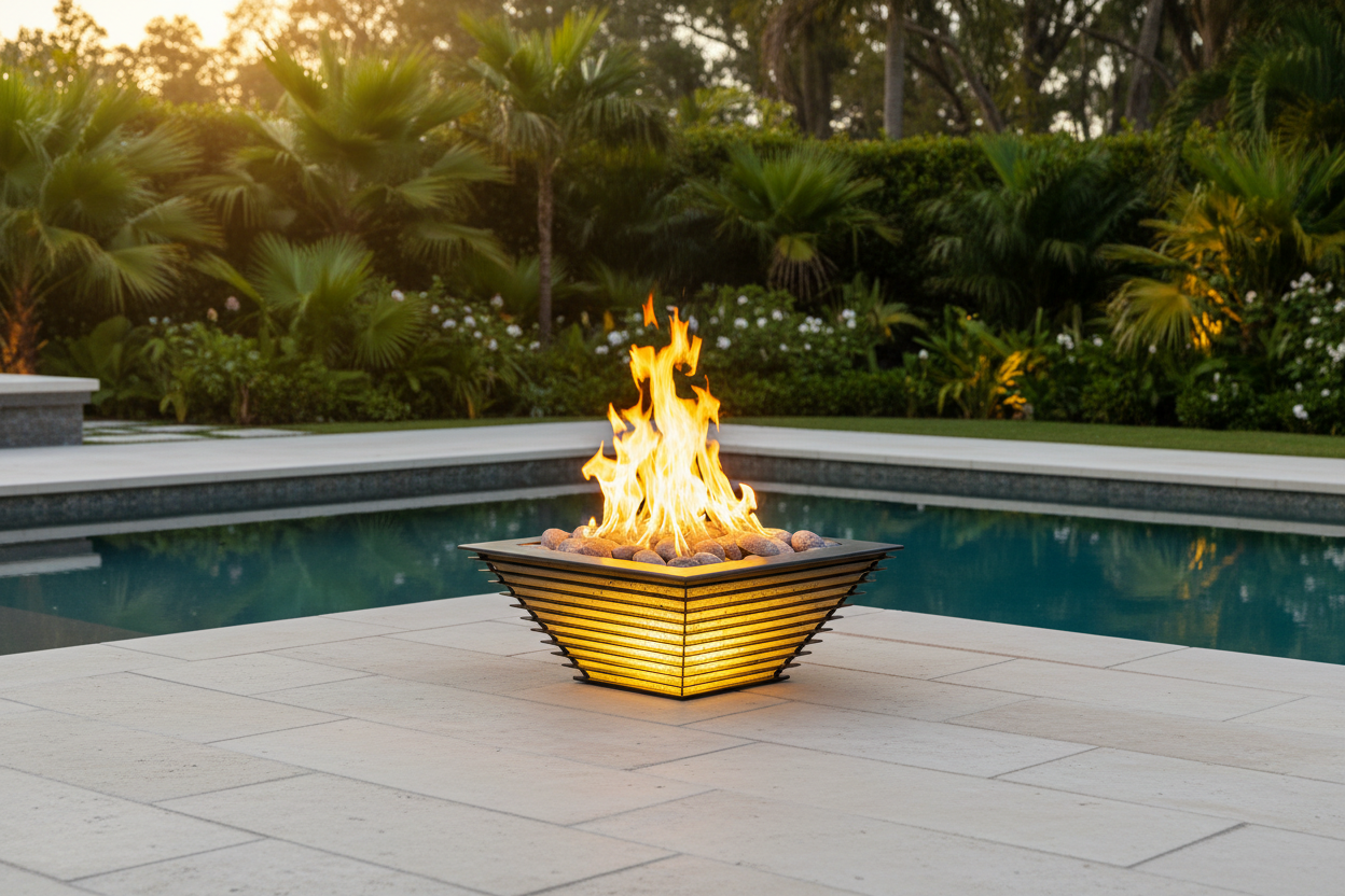A modern square fire pit table with a glowing flame and warm light, situated on a stone patio next to a swimming pool with a lush tropical garden background.