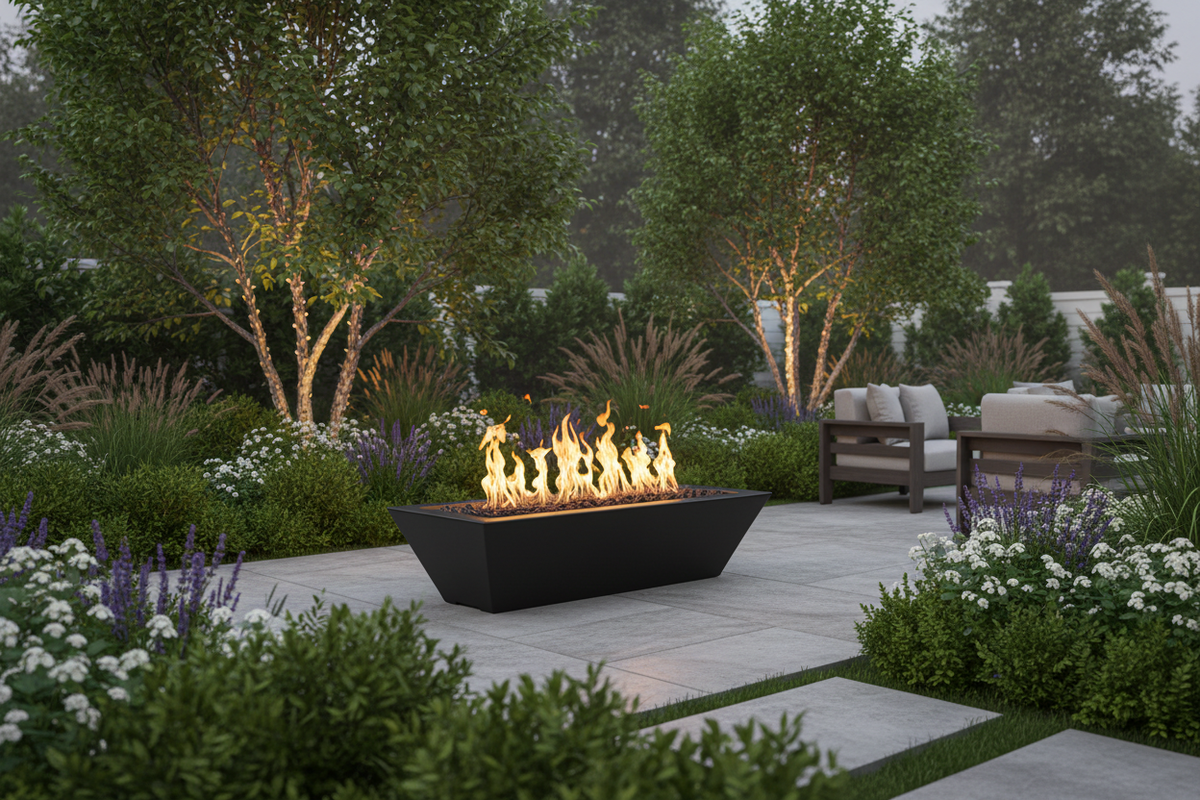 A modern rectangular black fire pit with active orange and yellow flames, situated on a stone patio in a landscaped garden with trees, shrubs, and outdoor seating.