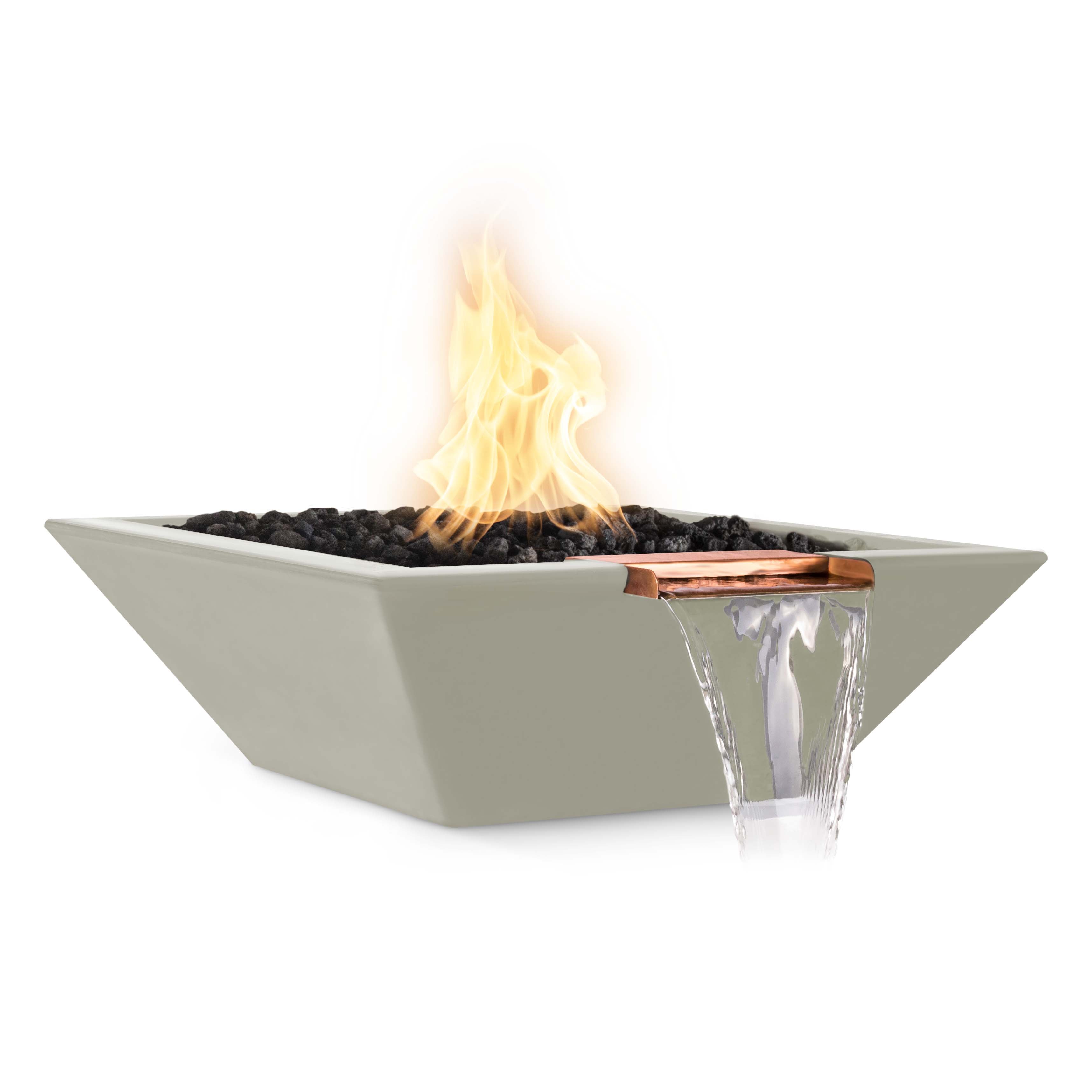 Modern outdoor fire pit with flames and water feature on a white background