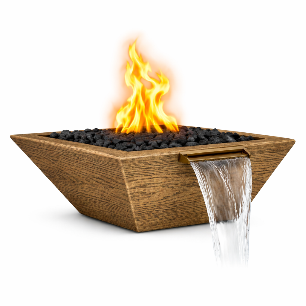 Wooden fire pit with flames and water feature on a white background