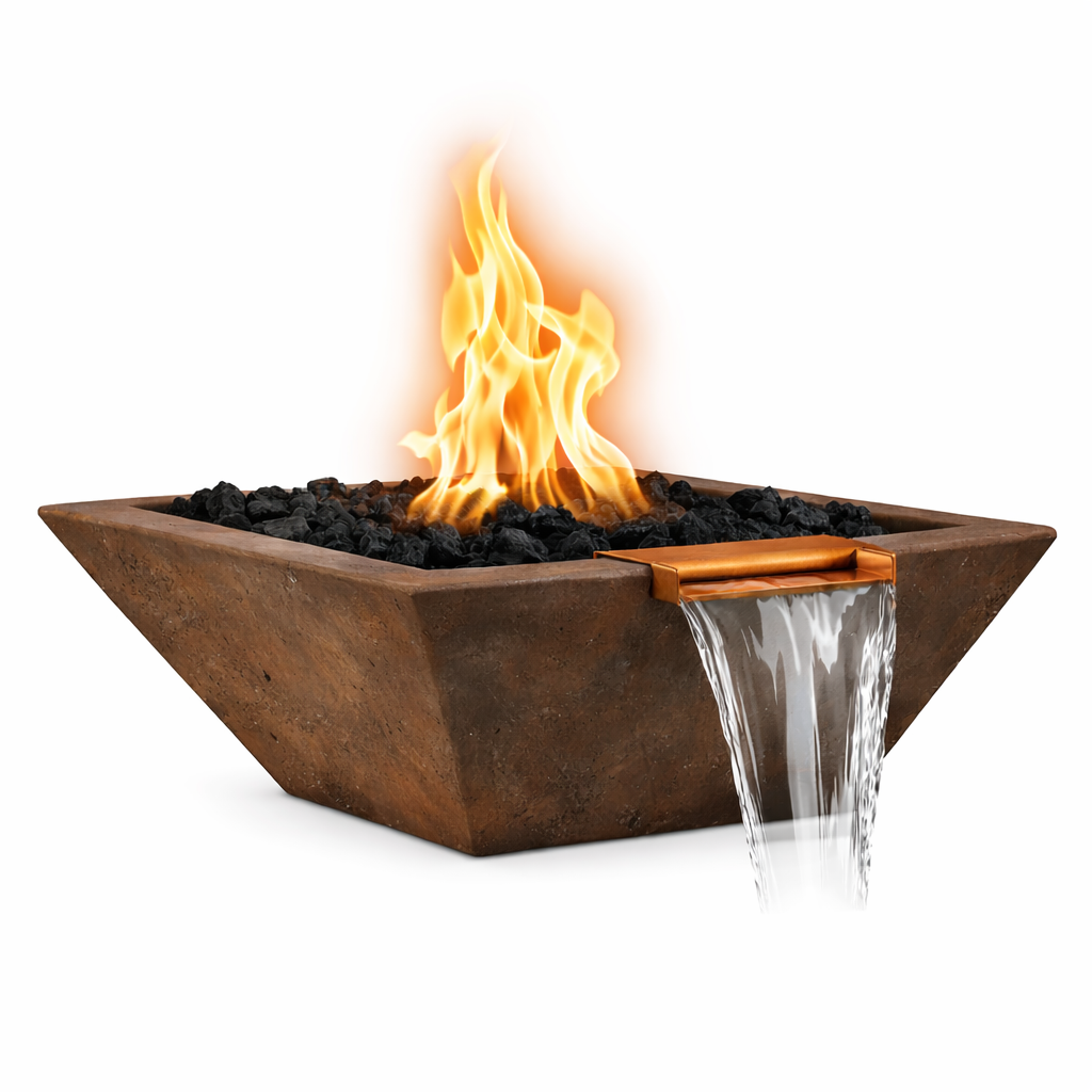 Fire pit with flames and water feature on a white background