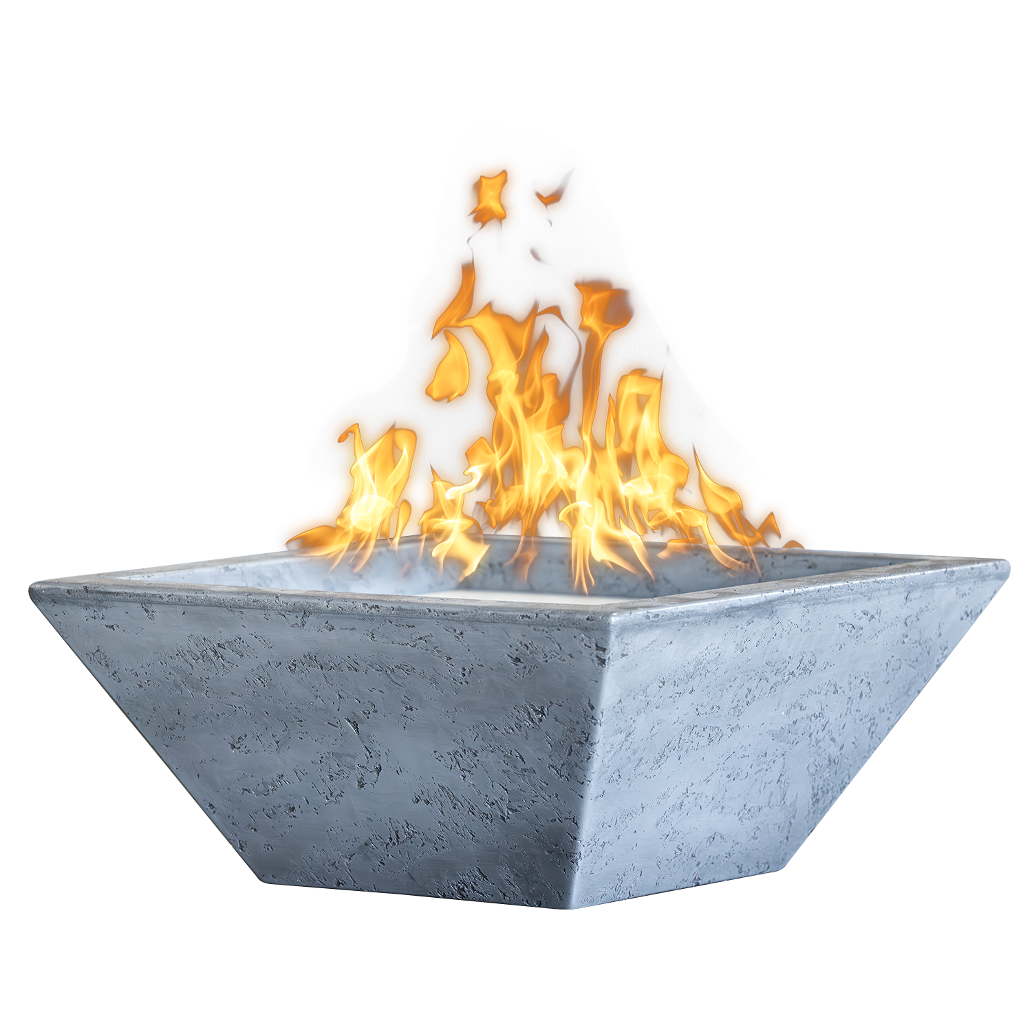 Concrete fire pit with flames on a white background