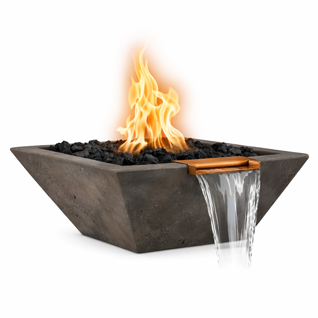 Modern fire pit with flames and water feature on a white background