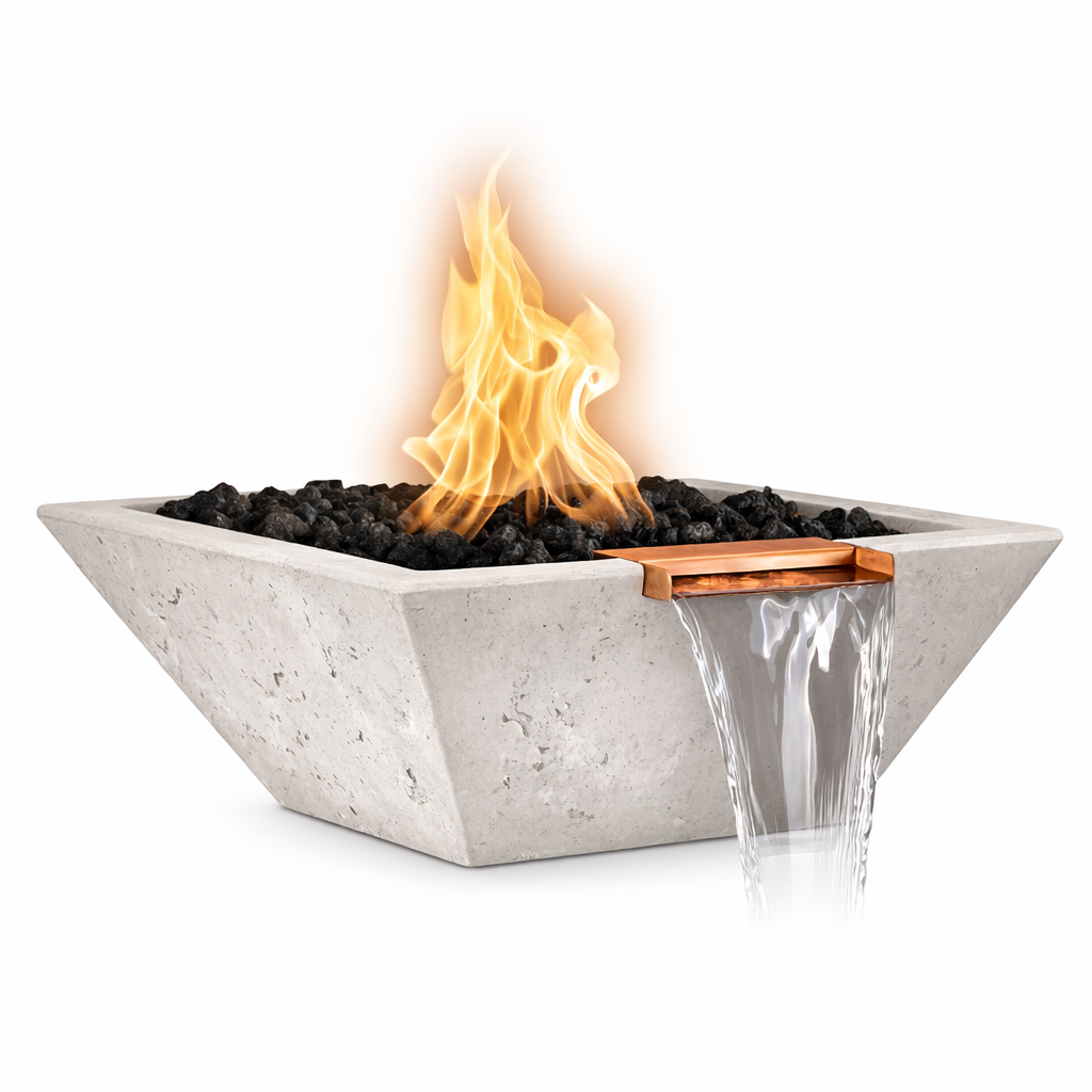 Concrete fire pit with flames and water feature on a white background
