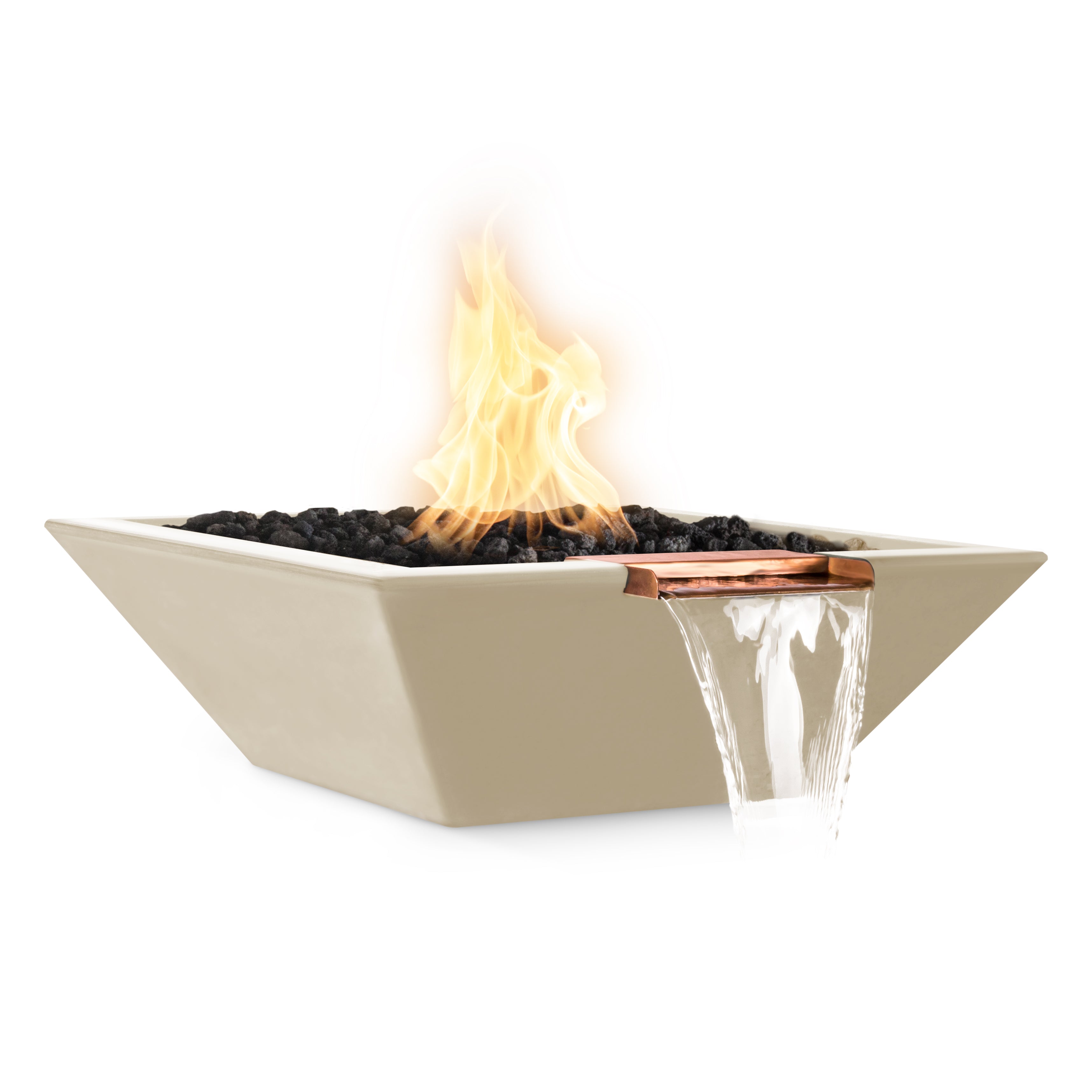Beige fire pit with flames on a white background