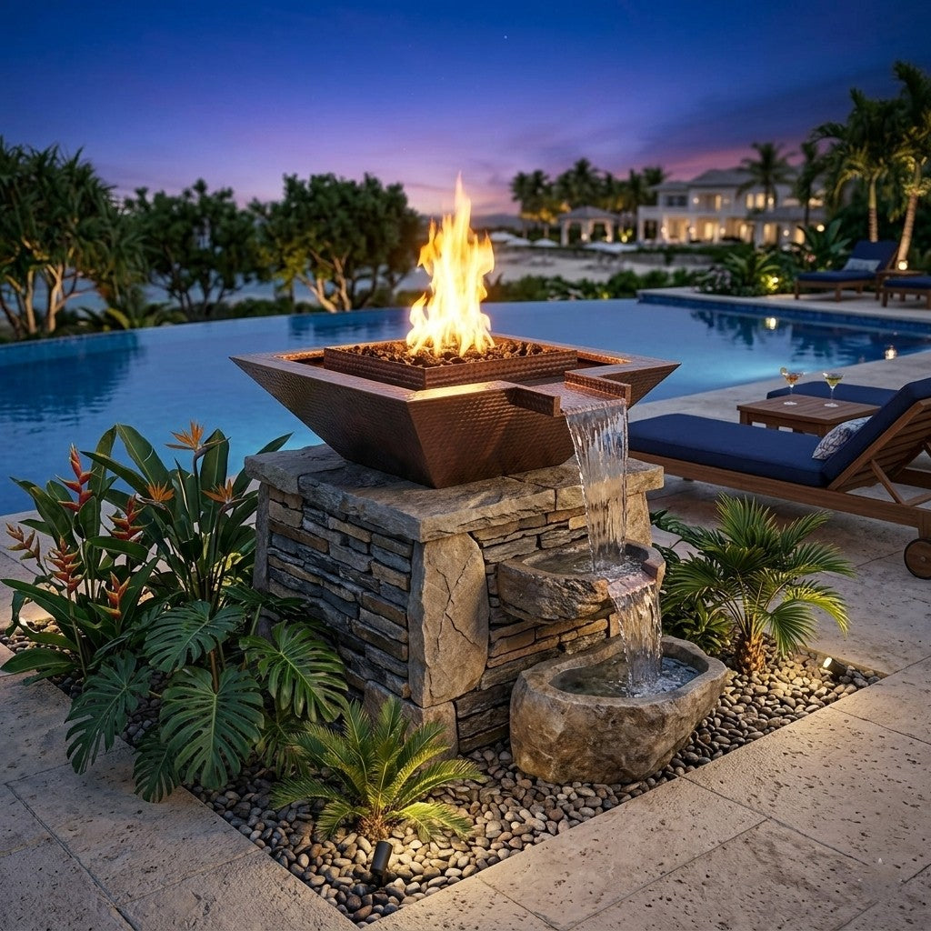 The Outdoor Plus Maya Square Copper Fire & Water Bowl – Gravity Spill, lifestyle image showing the bowl with live flame and water cascading at dusk in a luxury outdoor setting