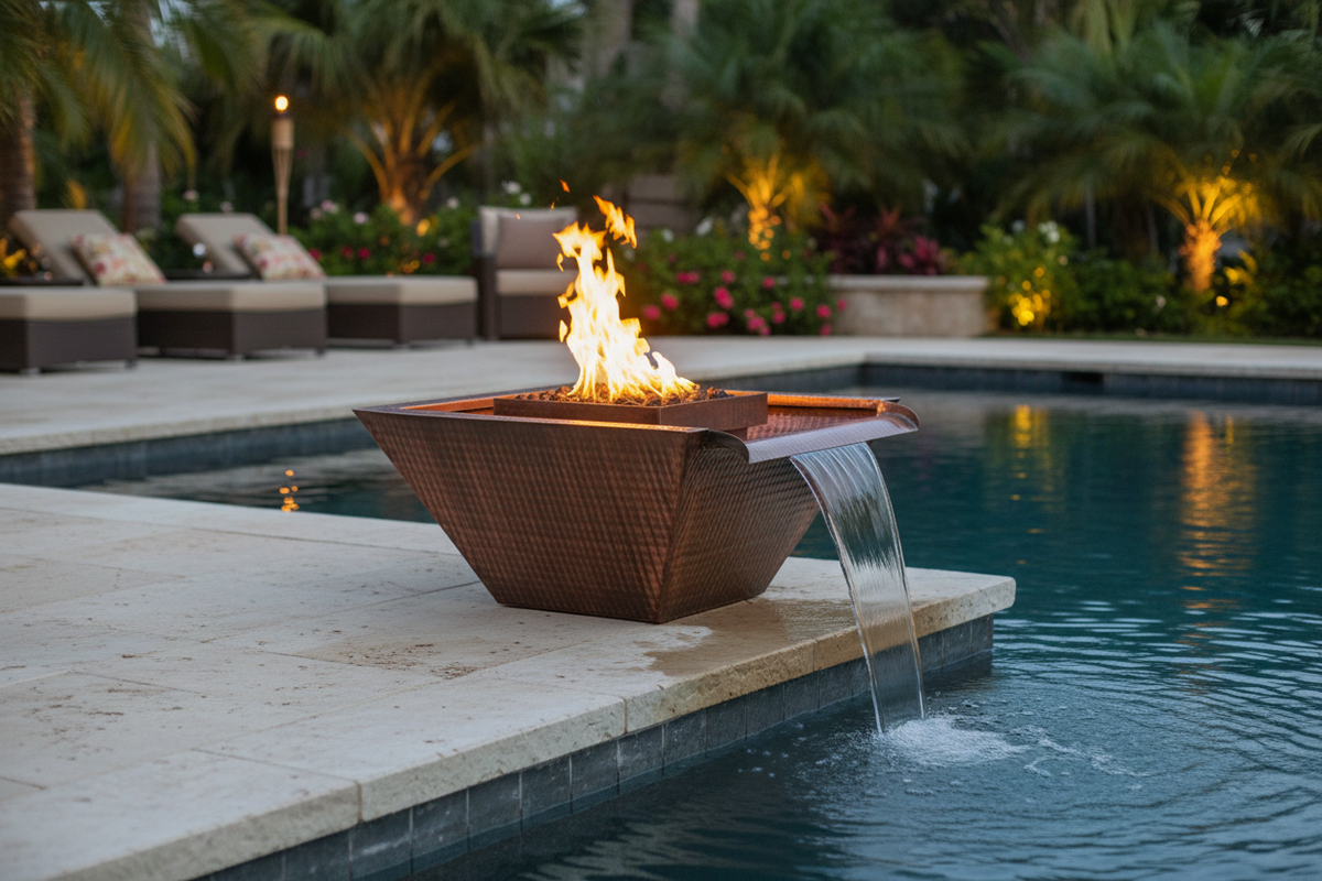 The Outdoor Plus Maya Square Hammered Copper Fire & Water Bowl – Wide Gravity Spill, lifestyle image showing the copper bowl at the edge of a luxury pool at dusk with live flame and wide water spill flowing into the pool