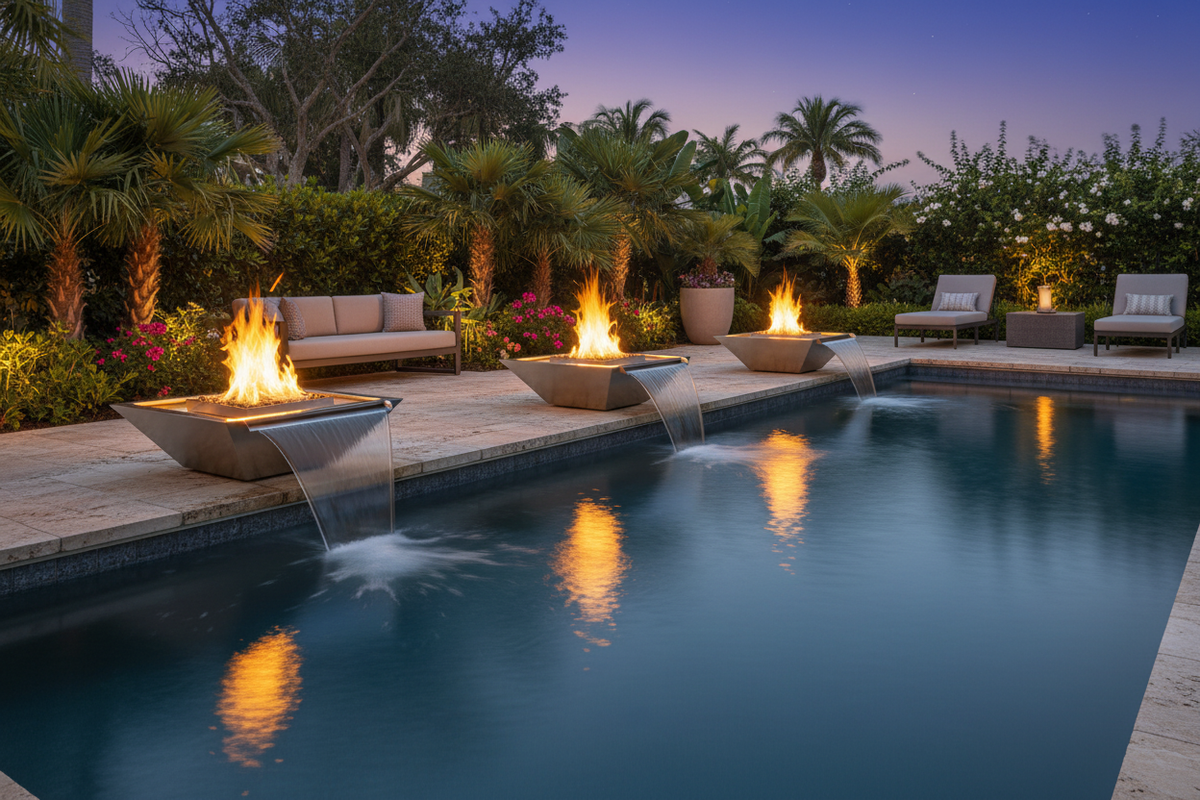 The Outdoor Plus Maya Square Stainless Steel Fire & Water Bowl – Gravity Spill, lifestyle image showing three stainless steel bowls arranged along a luxury pool edge at dusk with live flame and water spilling into the pool