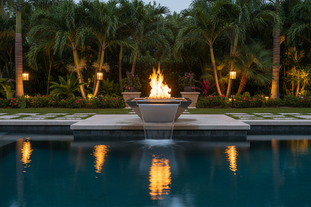 The Outdoor Plus Maya Square Stainless Steel Fire & Water Bowl – Wide Gravity Spill, lifestyle image showing the polished stainless steel bowl at the edge of a luxury pool at dusk with live flame and wide water spill flowing into the pool