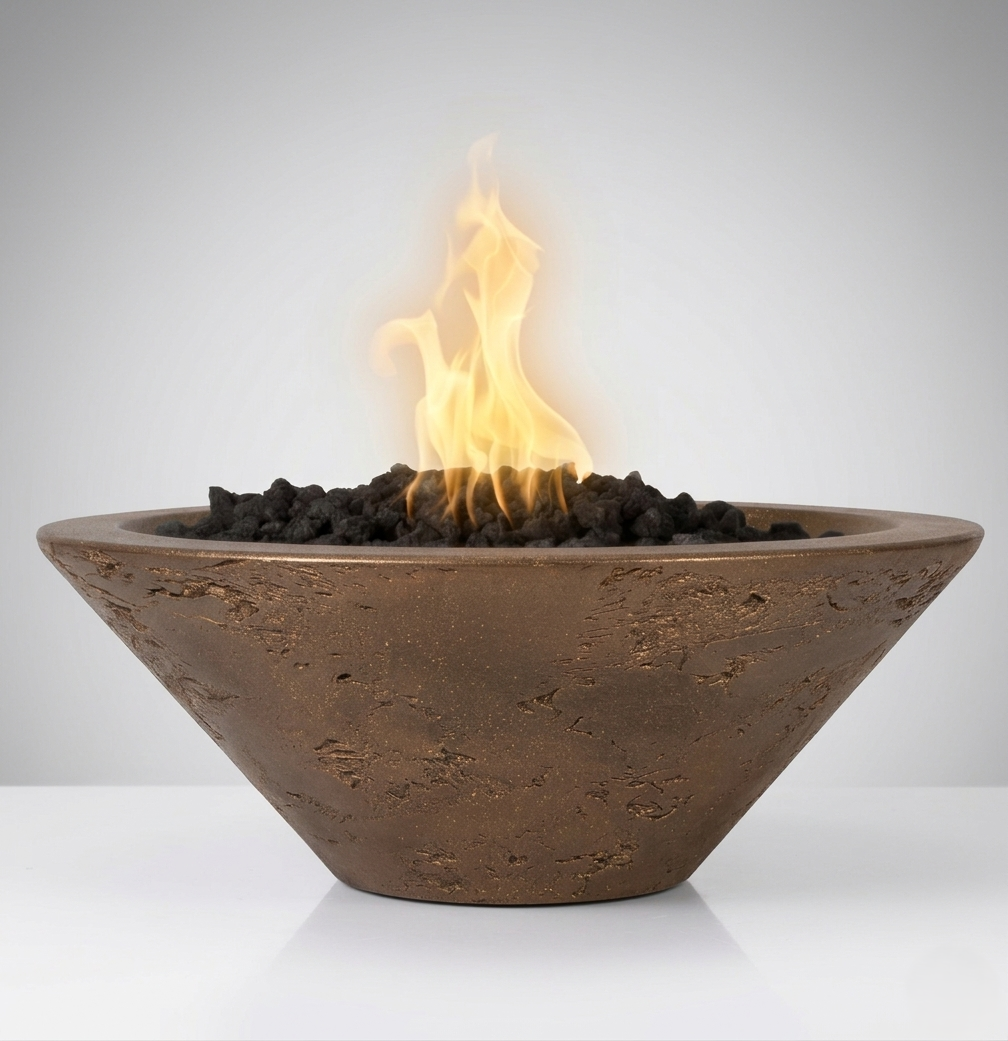 Outdoor Plus Round Cazo Fire Bowl in GFRC Concrete – Metallic Bronze finish