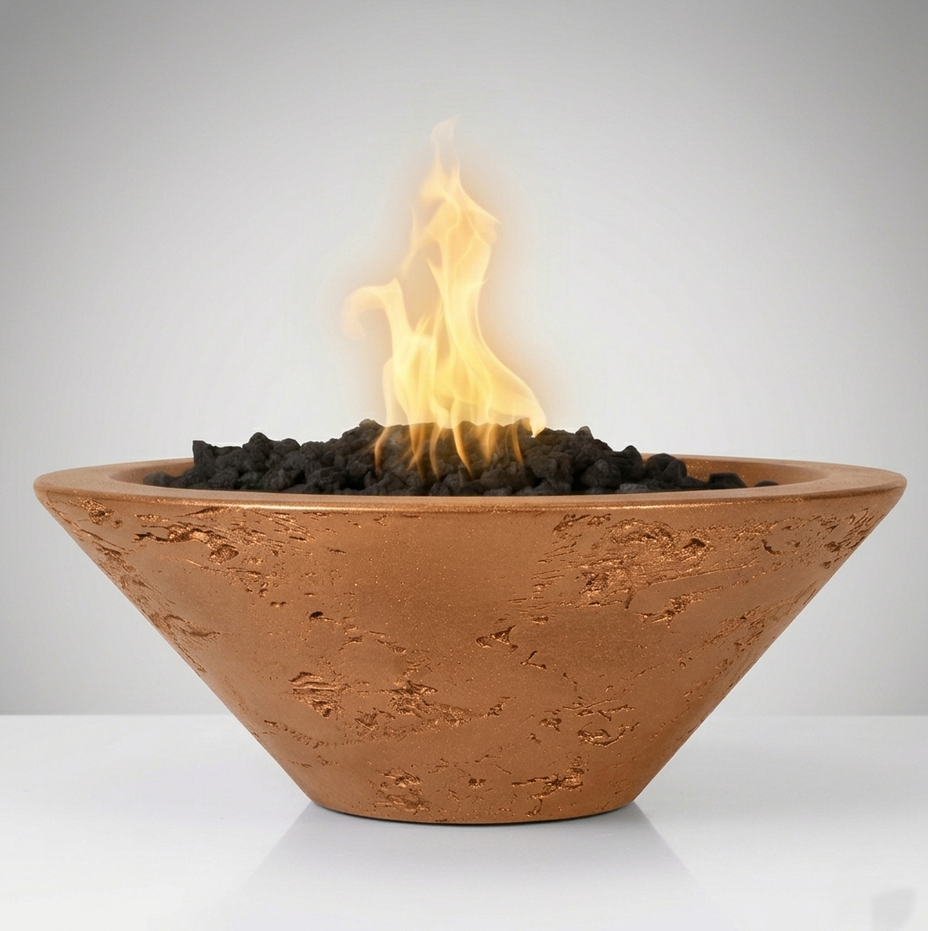 Outdoor Plus Round Cazo Fire Bowl in GFRC Concrete – Metallic Copper finish