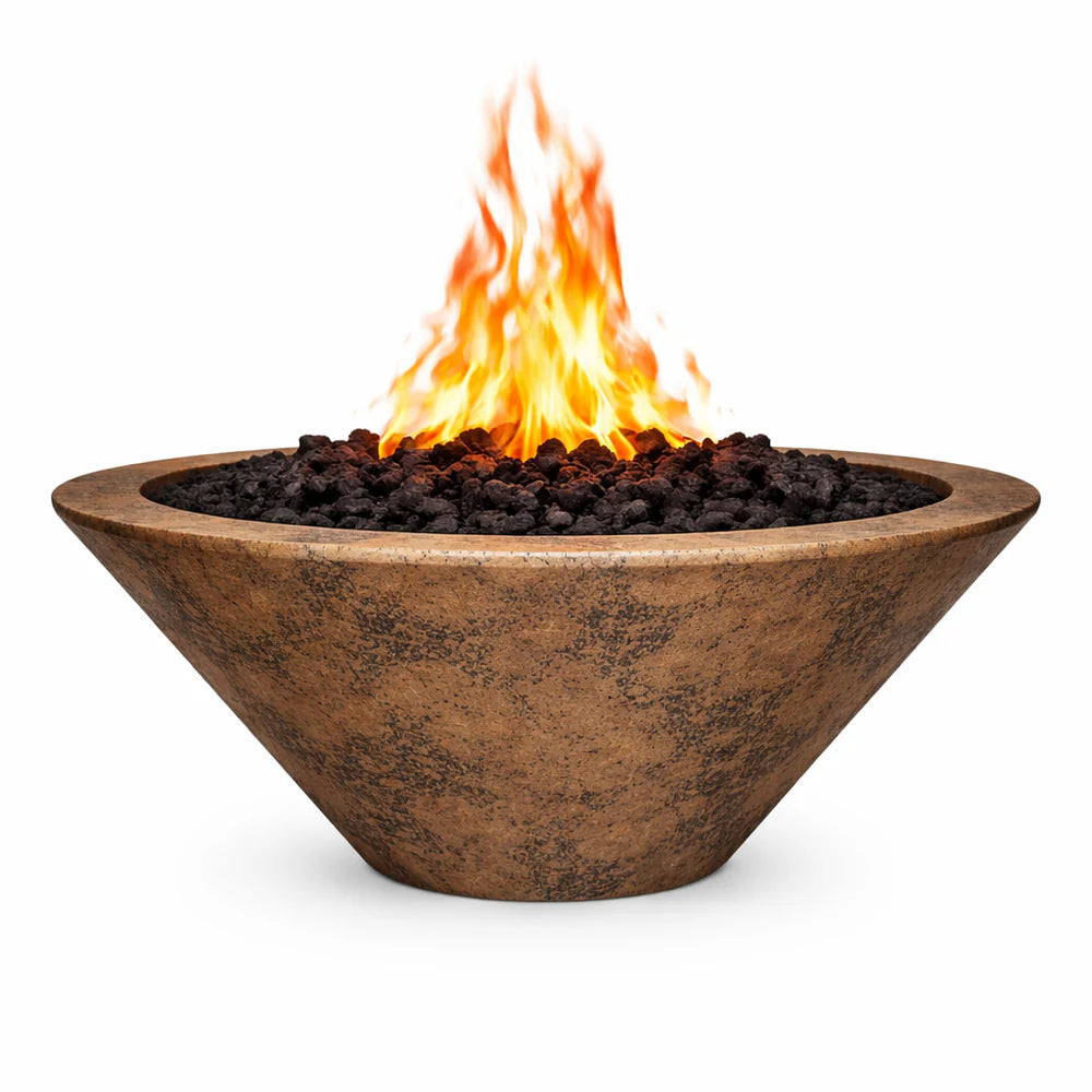 Outdoor Plus Round Cazo Fire Bowl in GFRC Concrete – rustic coffee finish