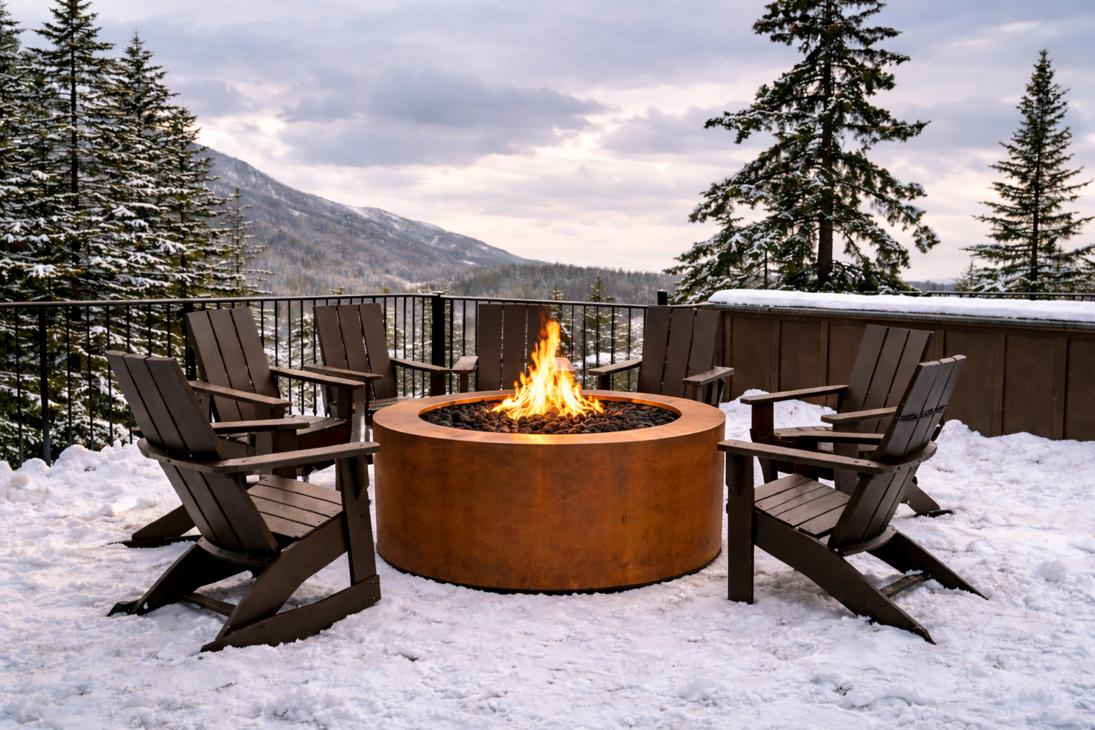 Fire pit with Adirondack chairs on a snowy deck with a mountain view.