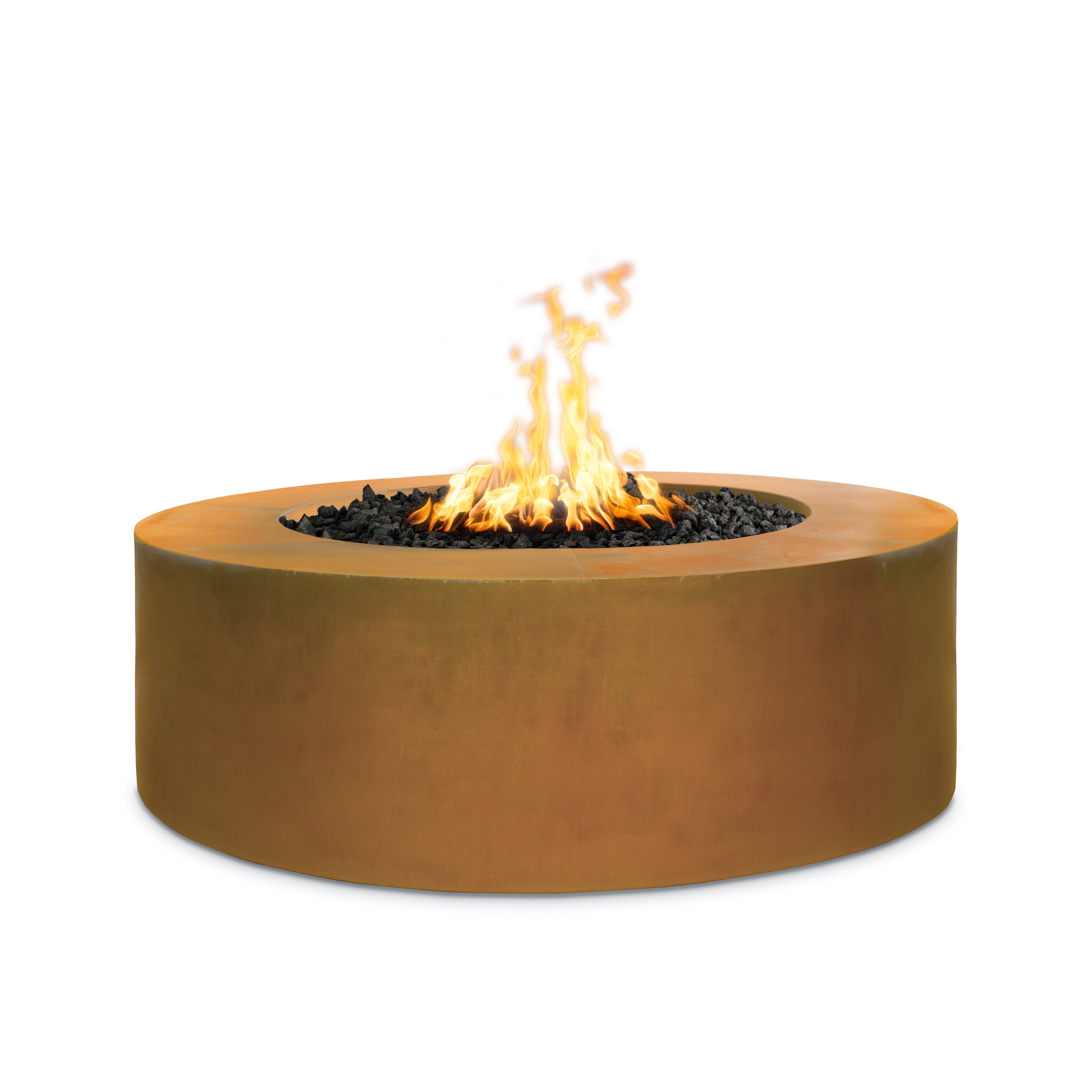 Cylindrical fire pit with flames on a white background