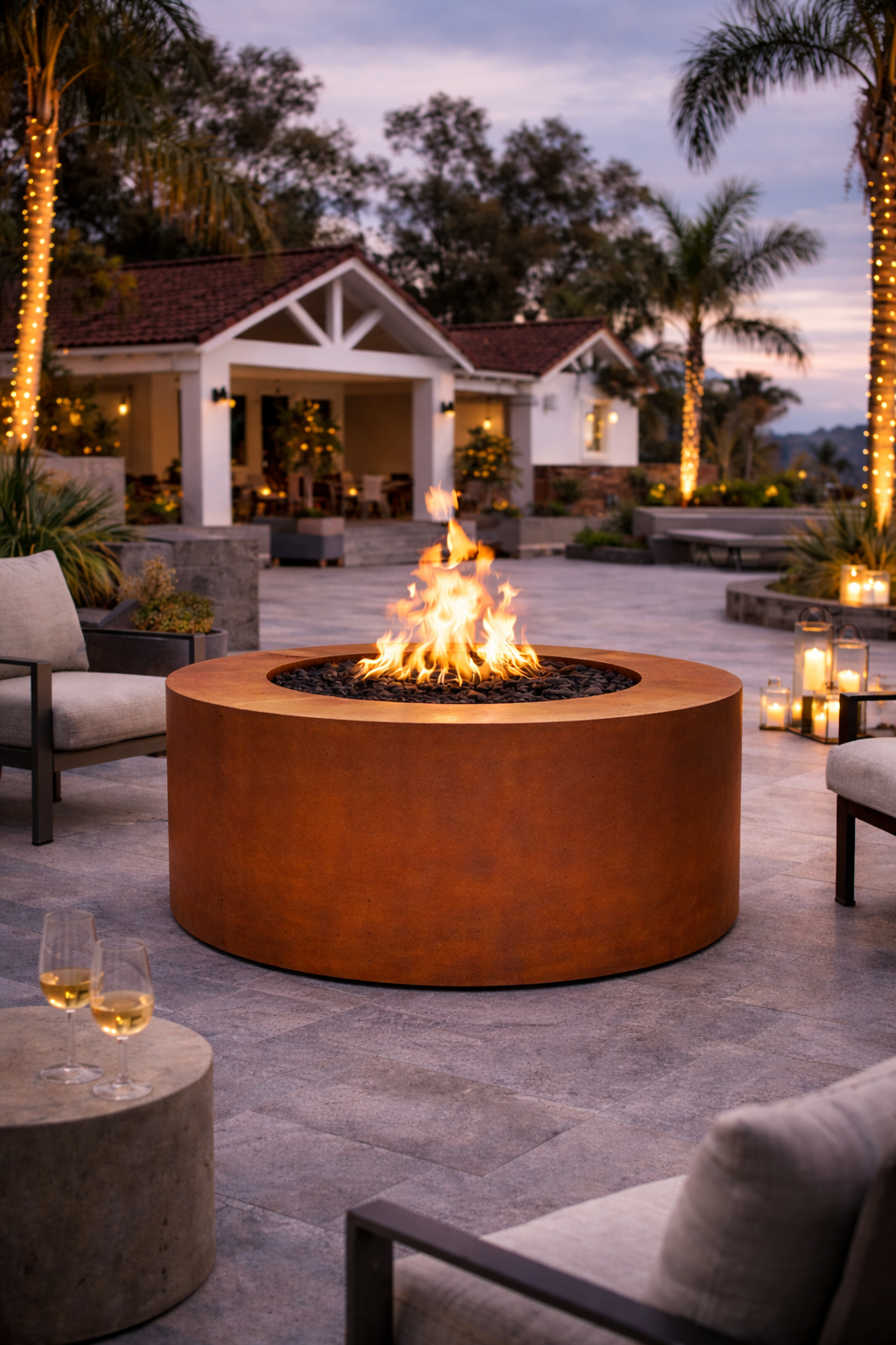 Outdoor patio with a fire pit, chairs, and a house in the background.