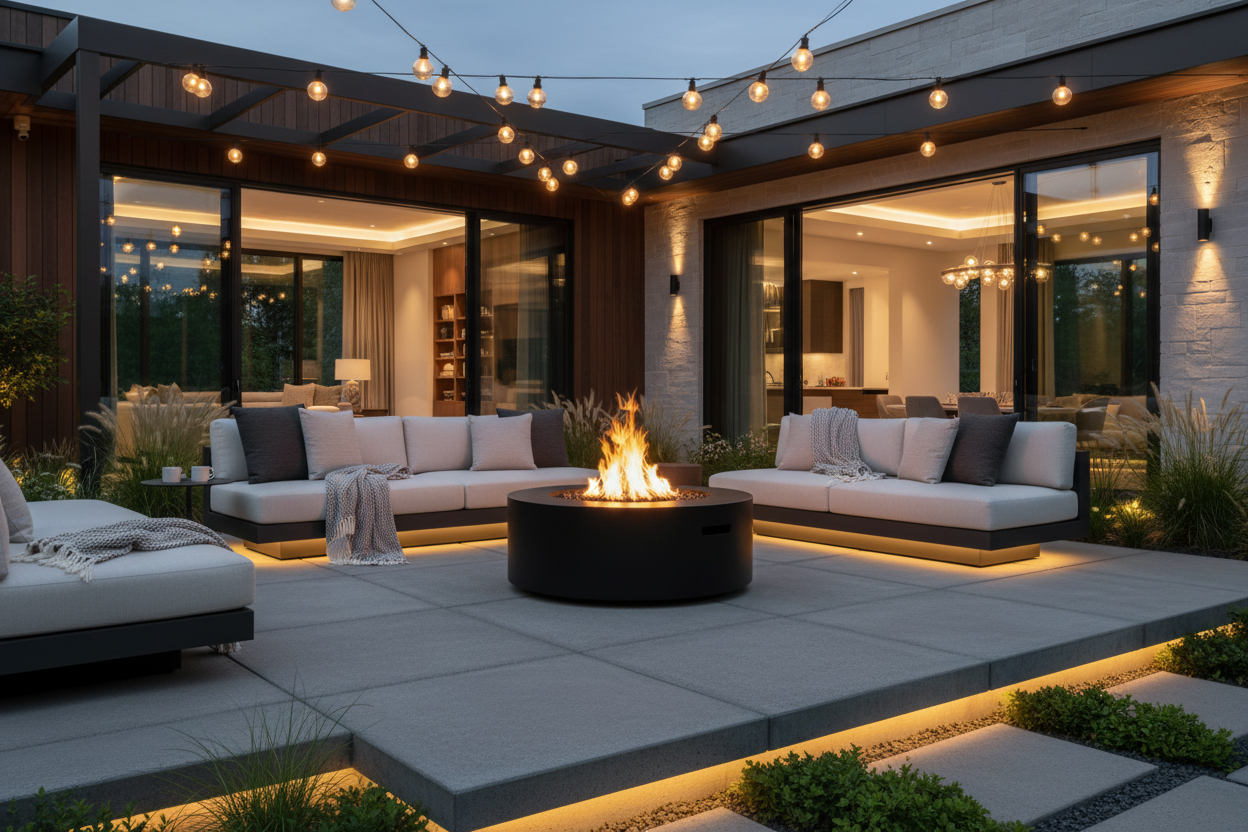 Modern outdoor patio setup at dusk with a round black fire pit centered between two white sectional sofas, under warm string lights and glass walls of a contemporary house.