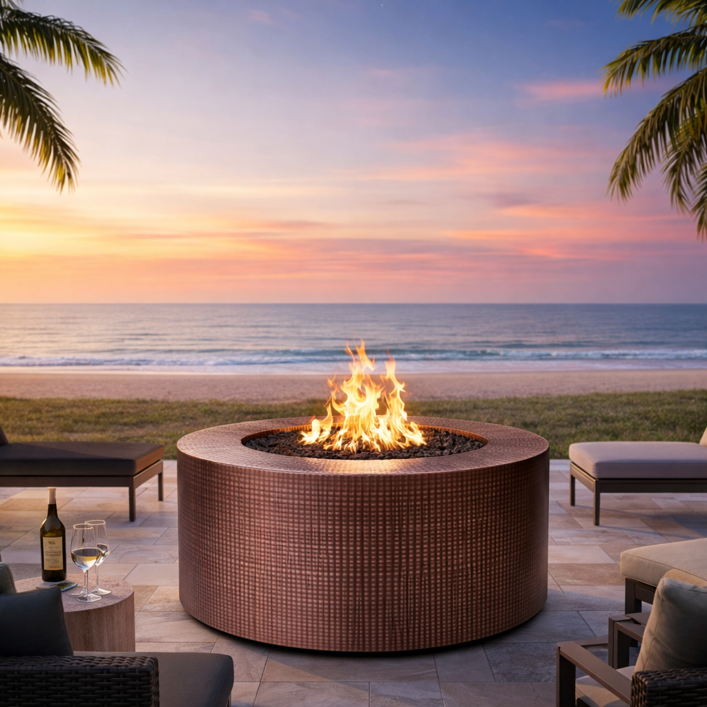 Outdoor fire pit table with ocean view during sunset