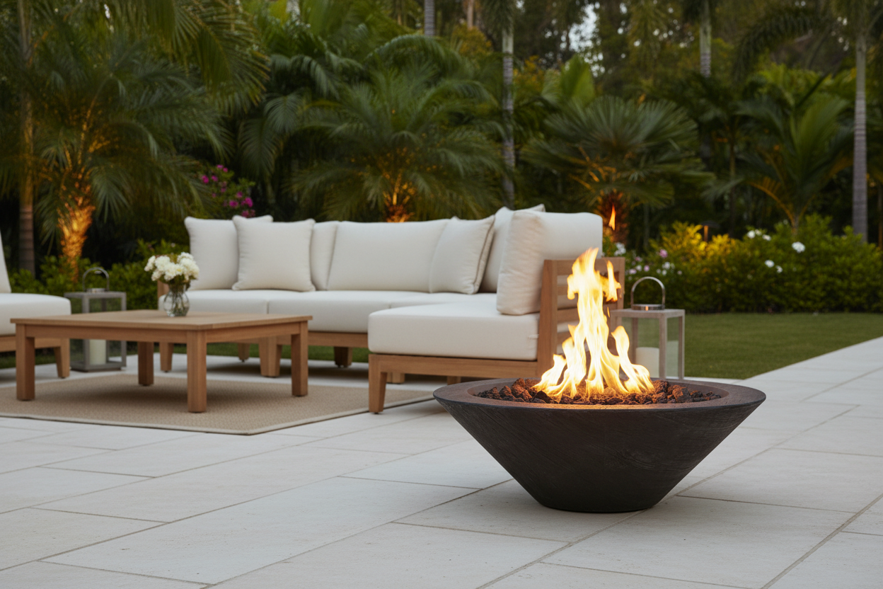 The Outdoor Plus Round Cazo Fire Bowl — Wood Grain GFRC Concrete