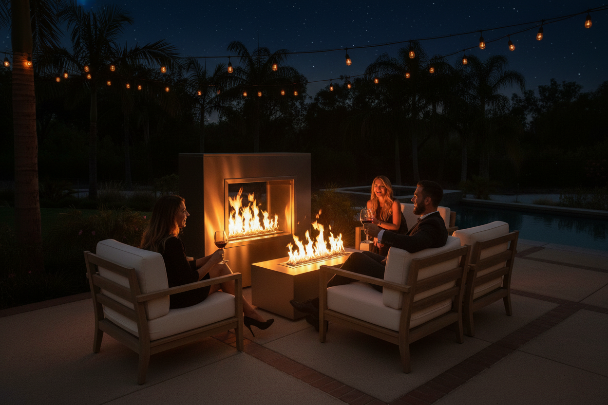 Outdoor patio scene at night with two people seated in cushioned wooden chairs around a small fire table, with a larger fireplace and pool visible in the background. Warm string lights and firelight illuminate the scene.