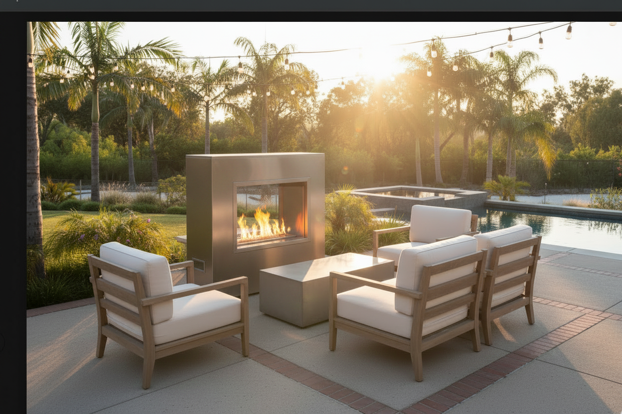 Outdoor patio furniture set with a modern square fire pit centered between four light wood armchairs with white cushions, on a paved deck near a pool at sunset.