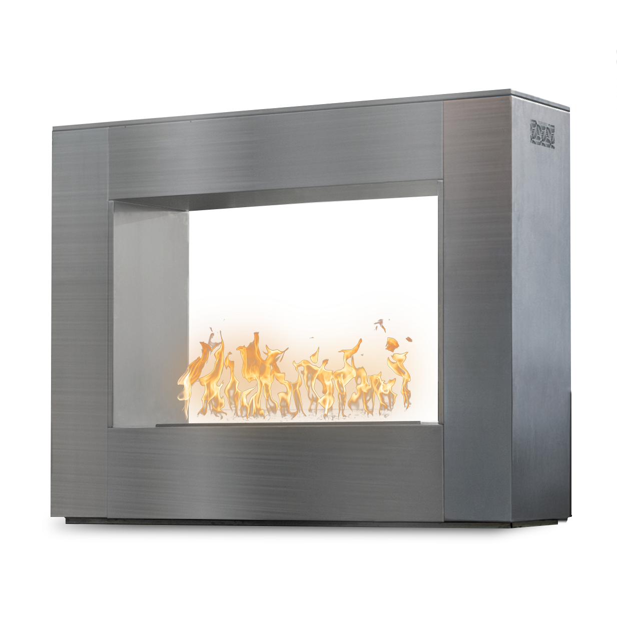A modern square electric fireplace with a brushed stainless steel frame and glowing orange flames inside a white-lit glass front, shown on a plain white background.