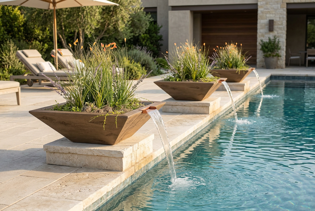 Three oak Maya Woodgrain Planter & Water Bowls arranged in a row along a pool edge