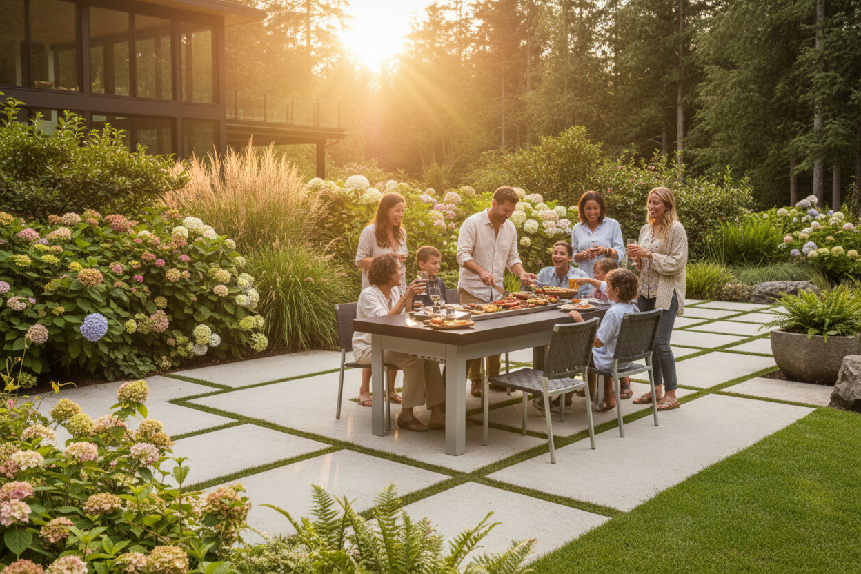 A family of seven gathers around a rectangular outdoor dining table in a beautifully landscaped backyard garden at sunset. The scene features lush greenery, hydrangeas, a modern house in the background, and warm golden sunlight filtering through the trees.