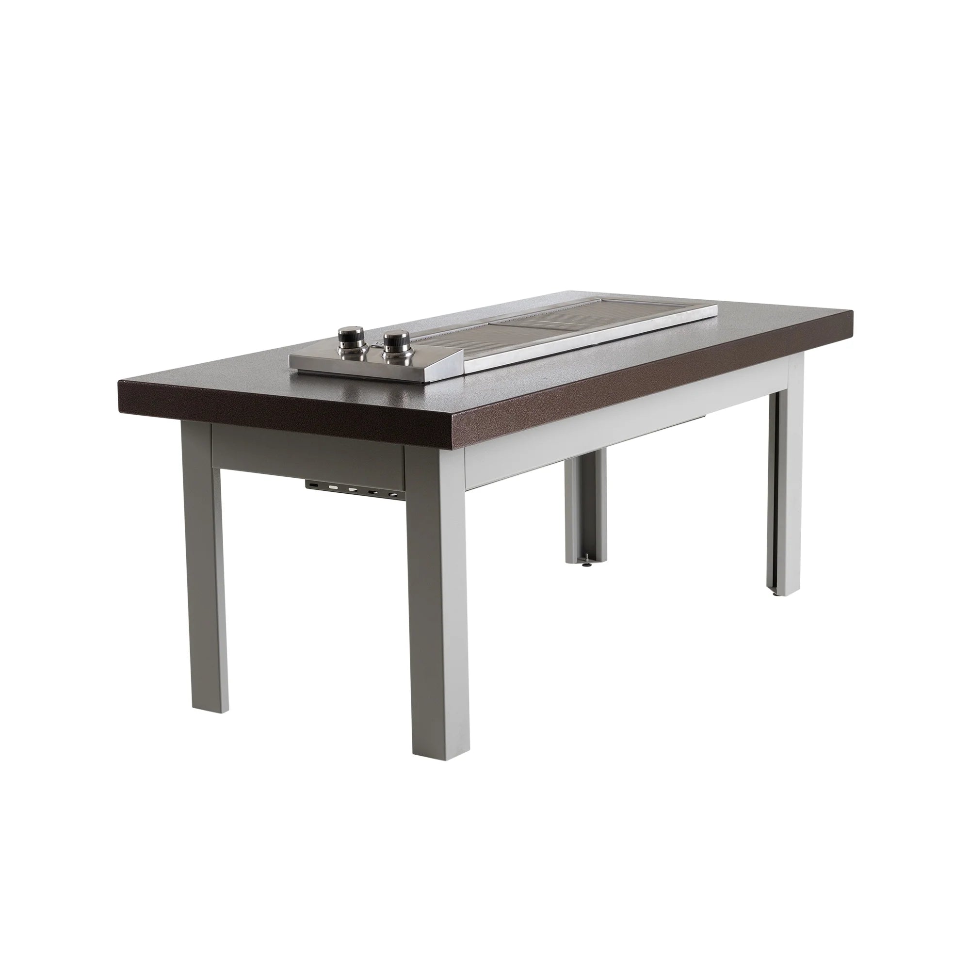 Modern dining table with a dark brown top and metal legs on a white background