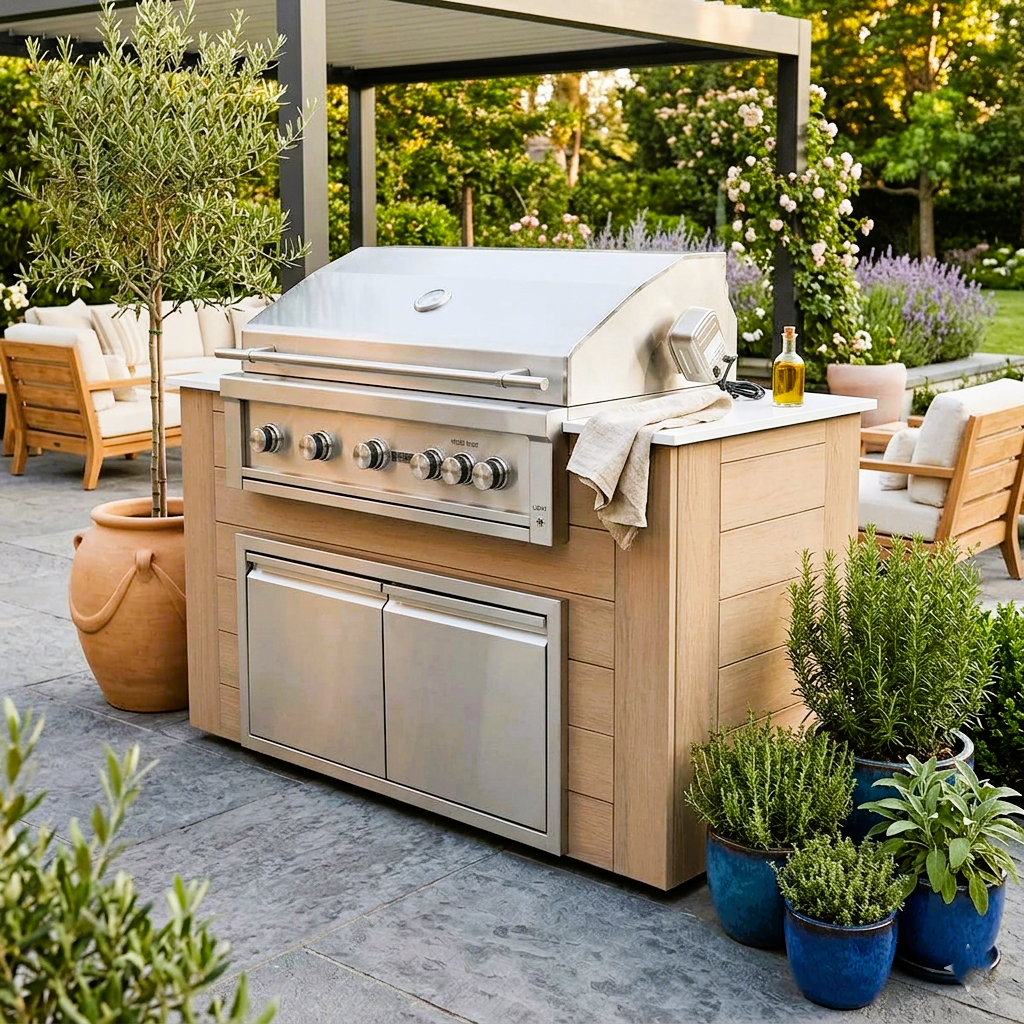 A stainless steel outdoor gas grill installed on a light wood and stone patio island, surrounded by potted plants, patio furniture, and a covered seating area in a landscaped backyard.