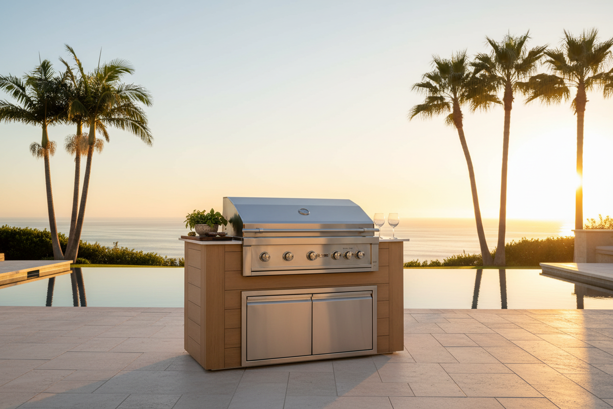 A stainless steel outdoor gas grill mounted on a light wood island stands on a tiled patio with an infinity pool, ocean view, and palm trees at sunset.