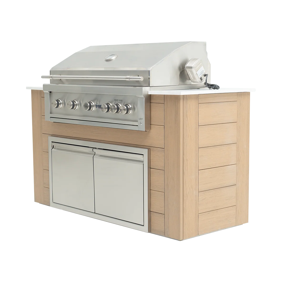 Outdoor kitchen grill with wooden cabinets on a white background