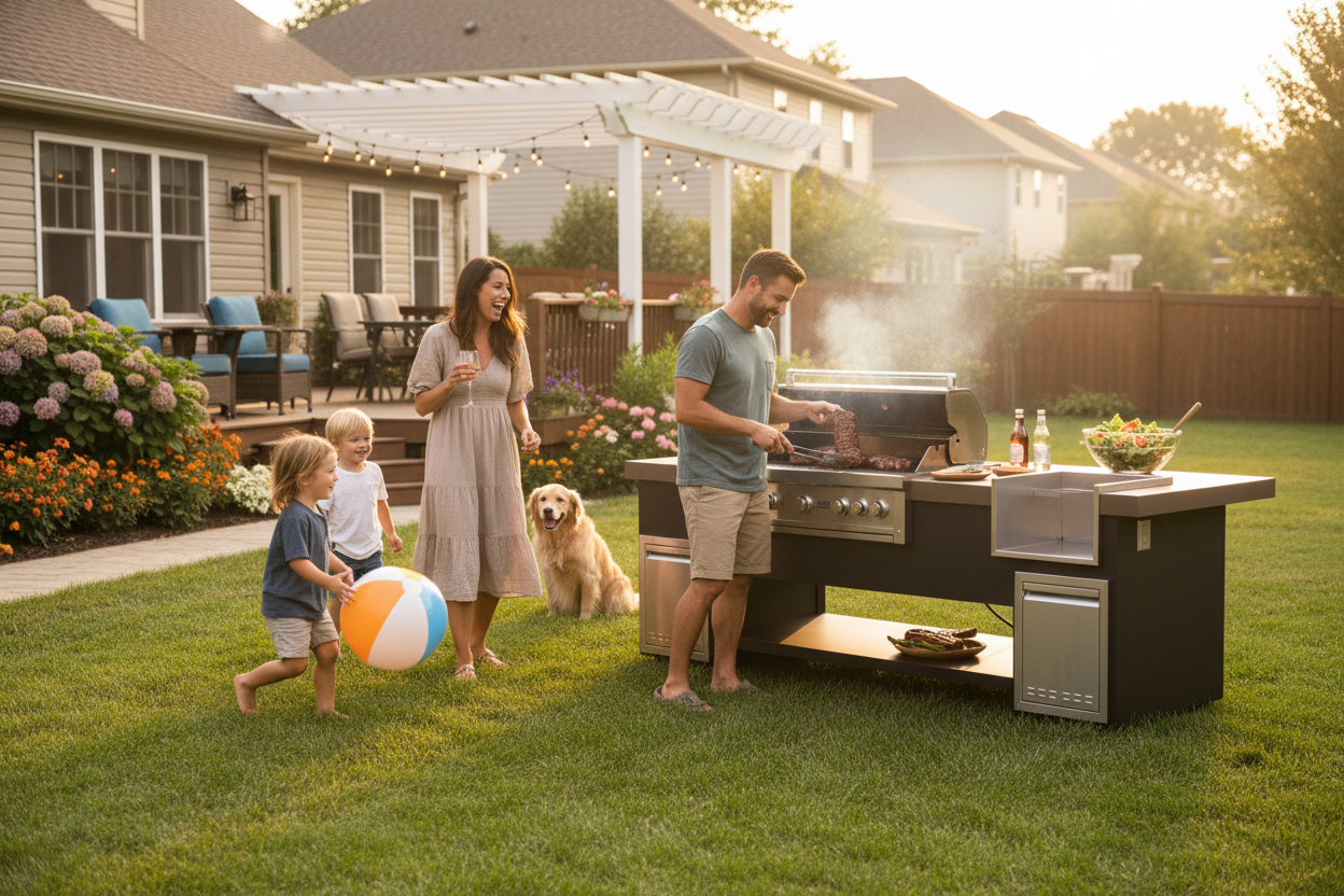 A family of four and a dog enjoy a backyard barbecue on a green lawn. A man grills at a stainless steel outdoor kitchen island, while a woman, two children, and a golden retriever dog relax nearby.