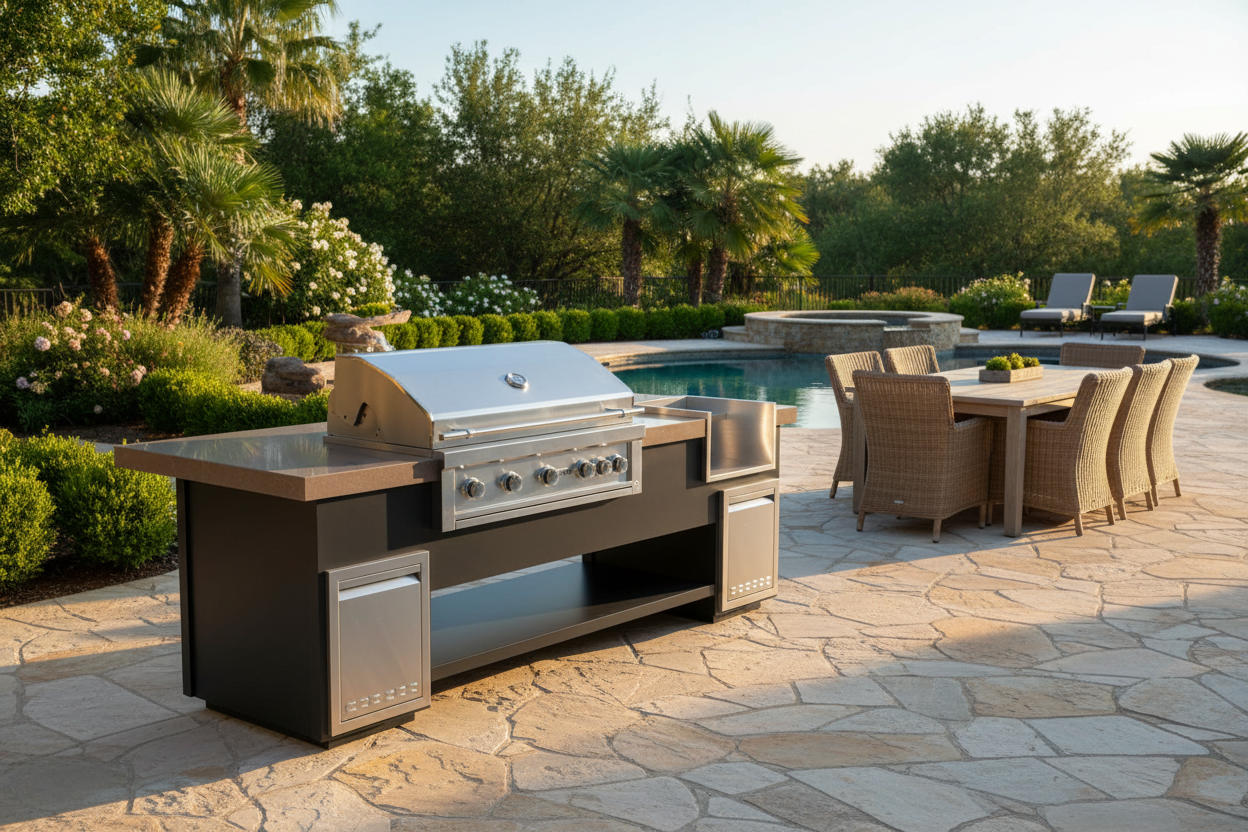 A stainless steel outdoor gas grill mounted on a dark charcoal island table, set on a stone patio next to a swimming pool with a dining set and lush landscaping in the background.