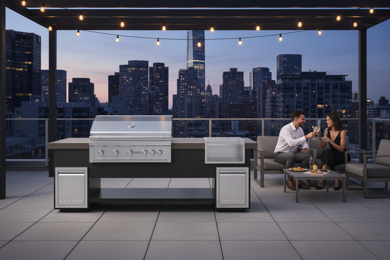 A stainless steel outdoor kitchen island with a built-in gas grill and sink, set on a modern rooftop patio at dusk with a city skyline backdrop. Two people are seated nearby at a small table under string lights.